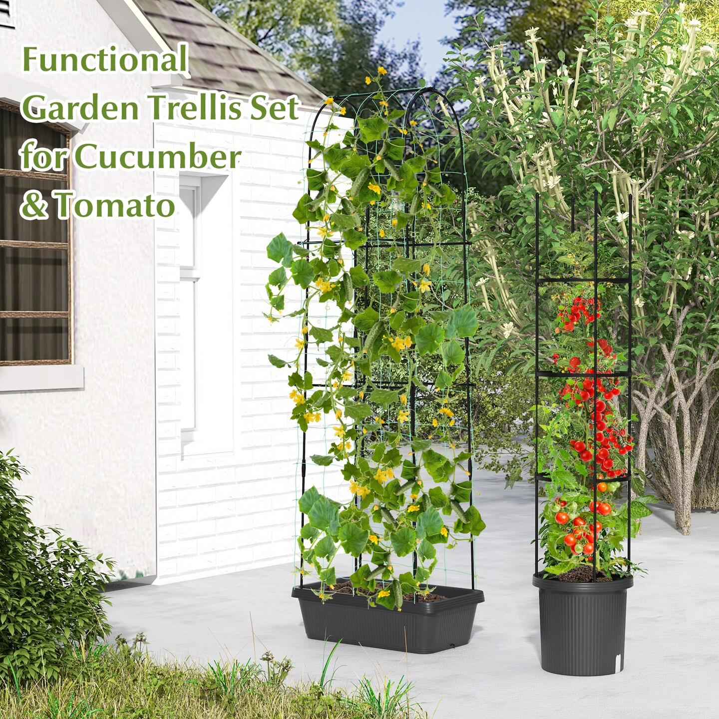 2 Pack Garden Planters With Trellis Cucumber Trellis Tomato Cage-Black