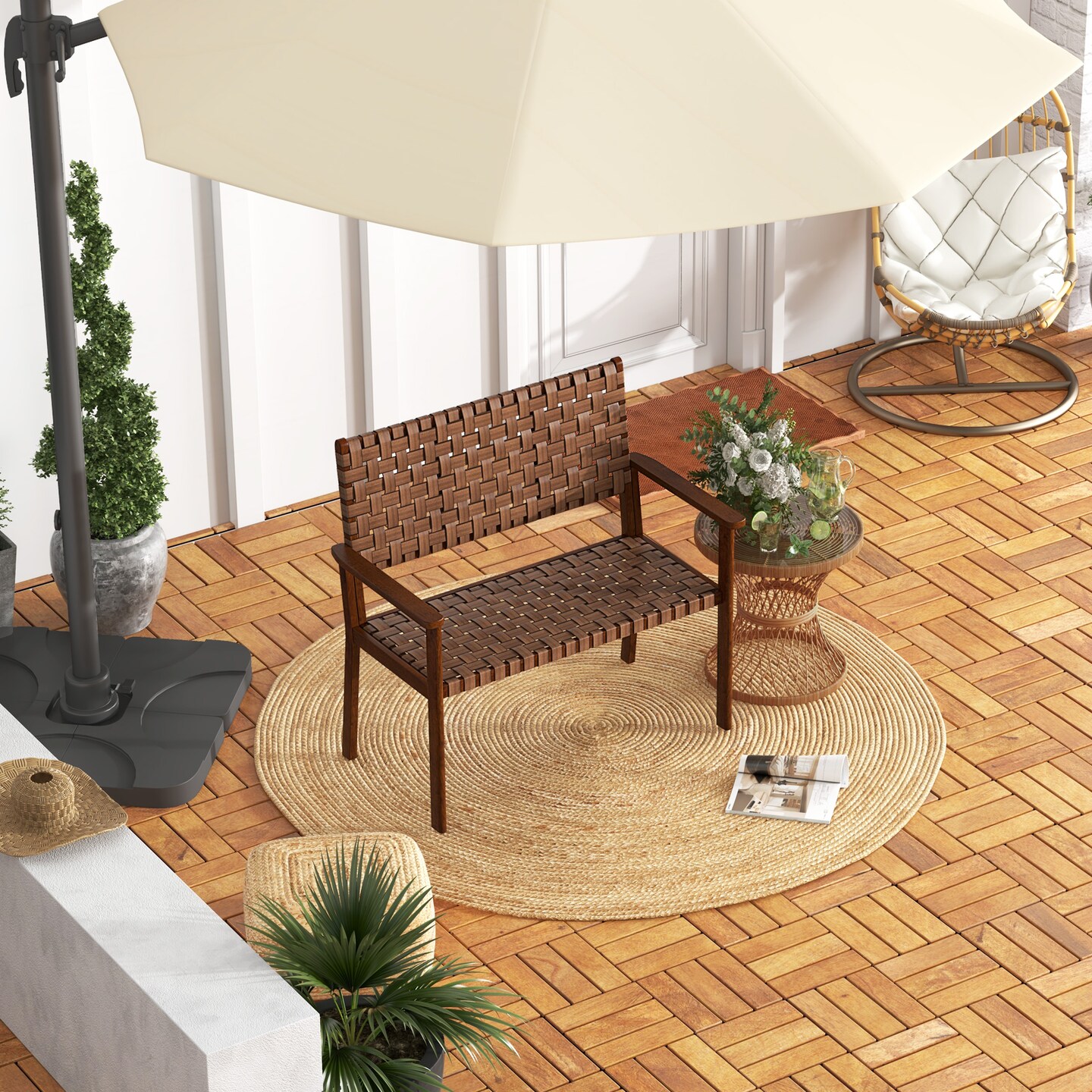 Outdoor All Weather Bench With Solid Rubber Wood Frame And Hand Woven Pu Leather