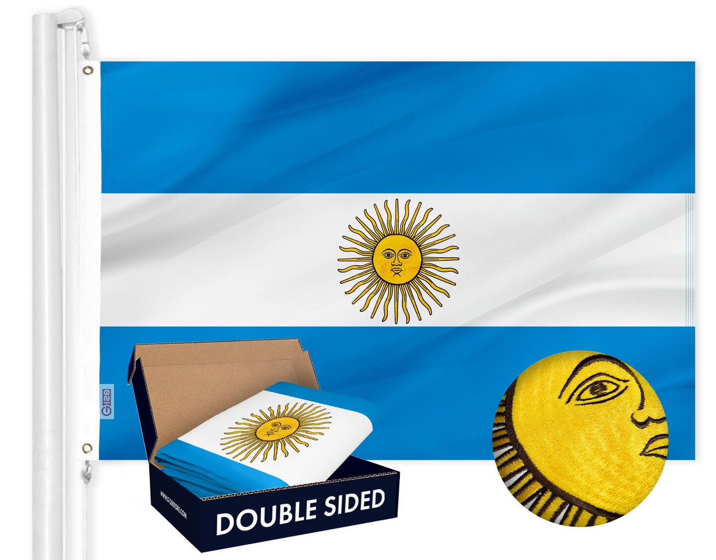 G128 Argentina (Argentinian) Flag | 3x5 feet | Double Sided Embroidered 210D &#x201C; Indoor/Outdoor, Brass Grommets, Heavy Duty Polyester