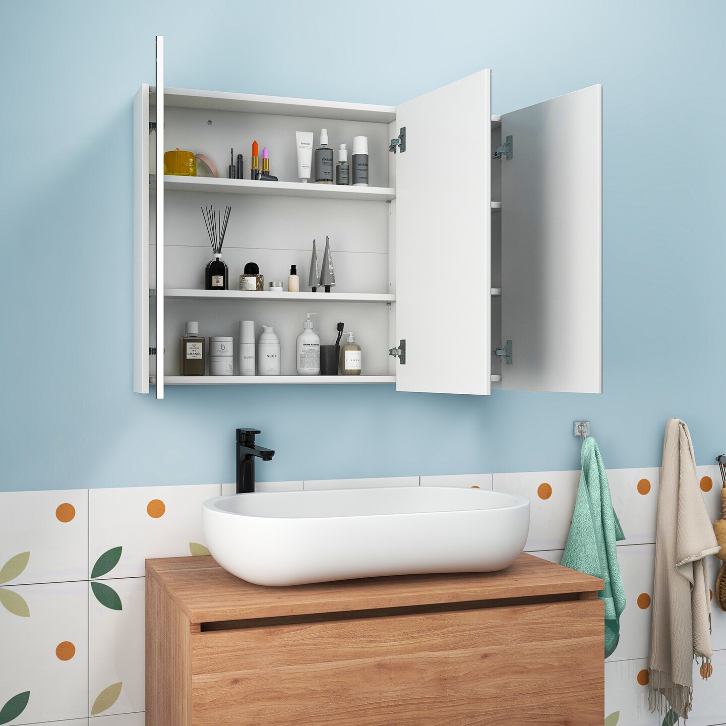 3-Door Wall-Mounted Mirror Cabinet with 3-Adjustable Shelves