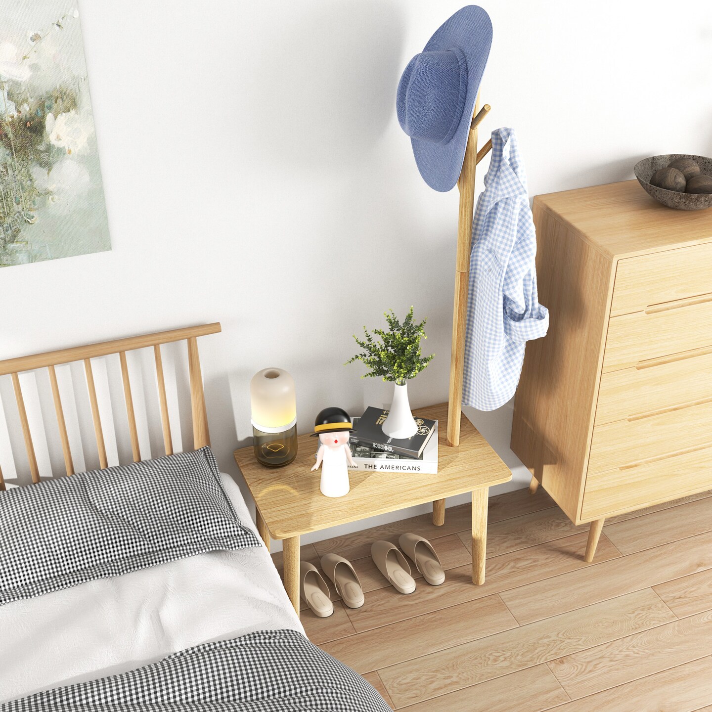 End Table With Coat Rack Solid Wood Coat Tree With 2-in-1 Side Table-natural