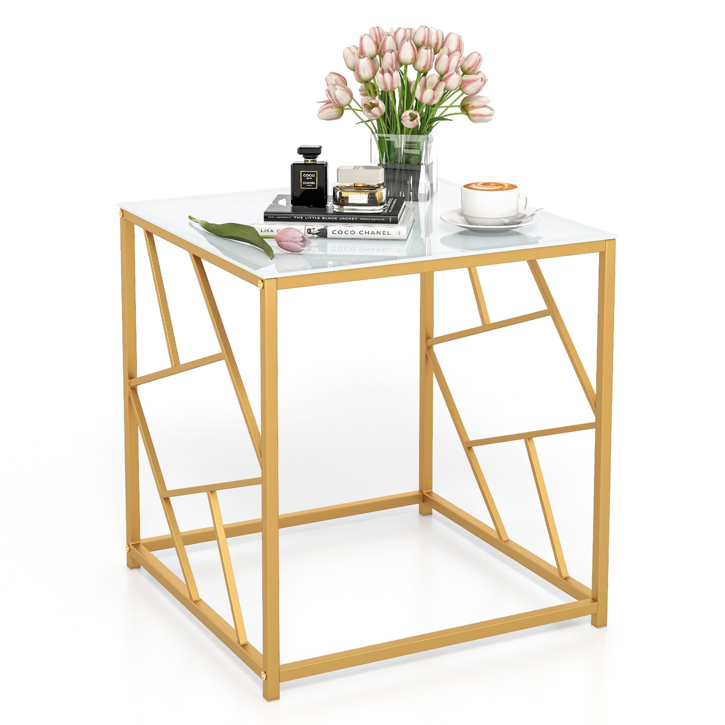 Square End Table With Tempered Glass Tabletop And Gold Finish Geometric Frame-golden