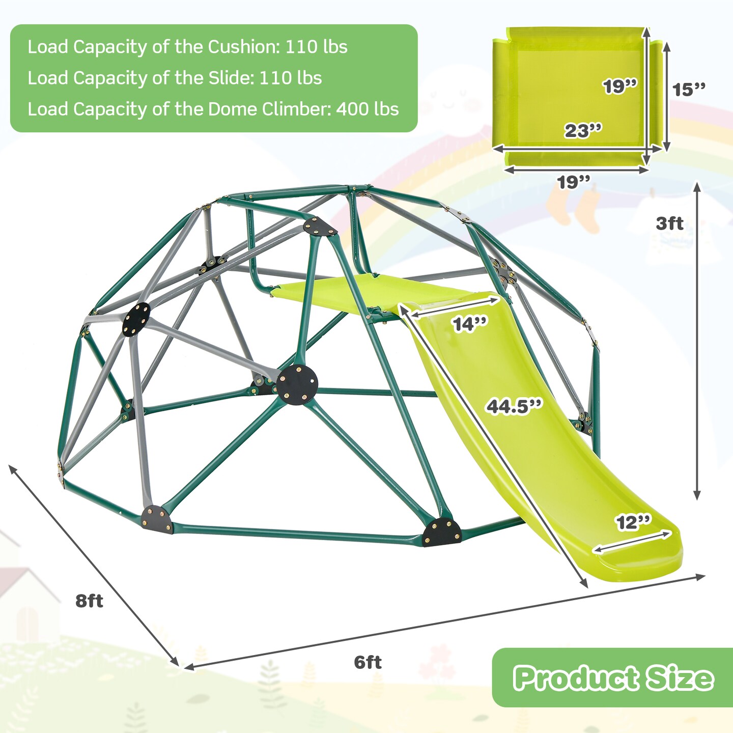 Kids Climbing Dome With Slide And Fabric Cushion For Garden Yard-green