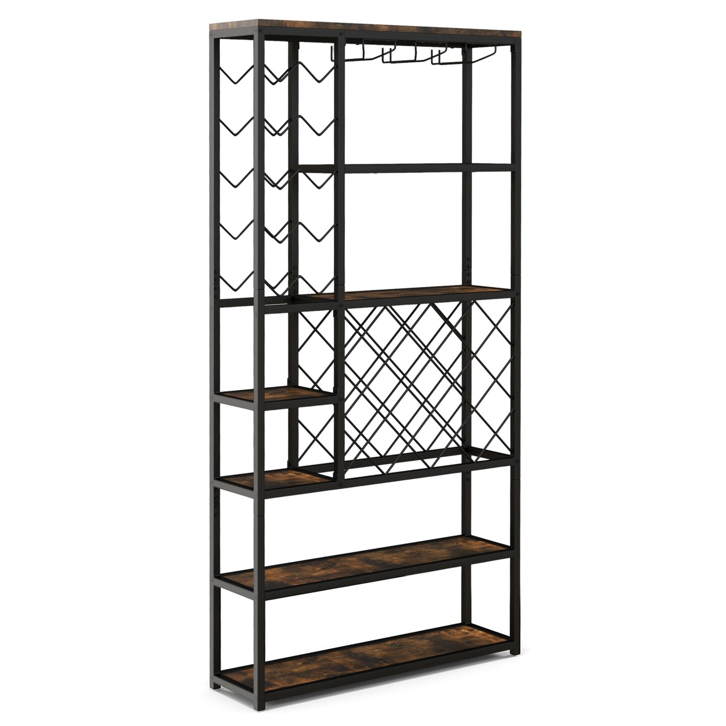 Freestanding Wine Rack Cabinet 27 Bottle Holder with Glass Rack 6 Tier Shelves Rustic Brown Black