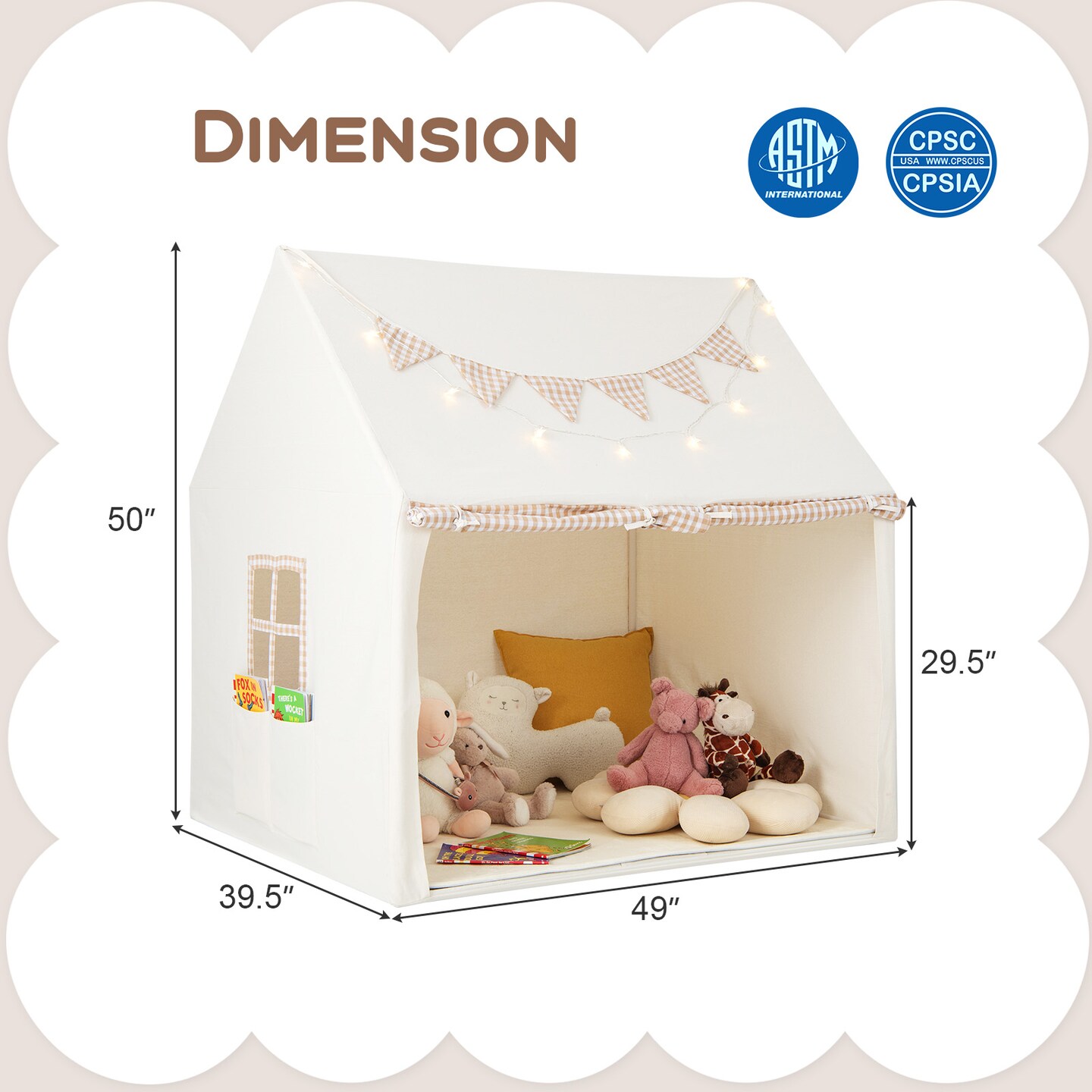 Kids Play Tent Large Playhouse With Padded Mat And 2 Breathable Windows-beige