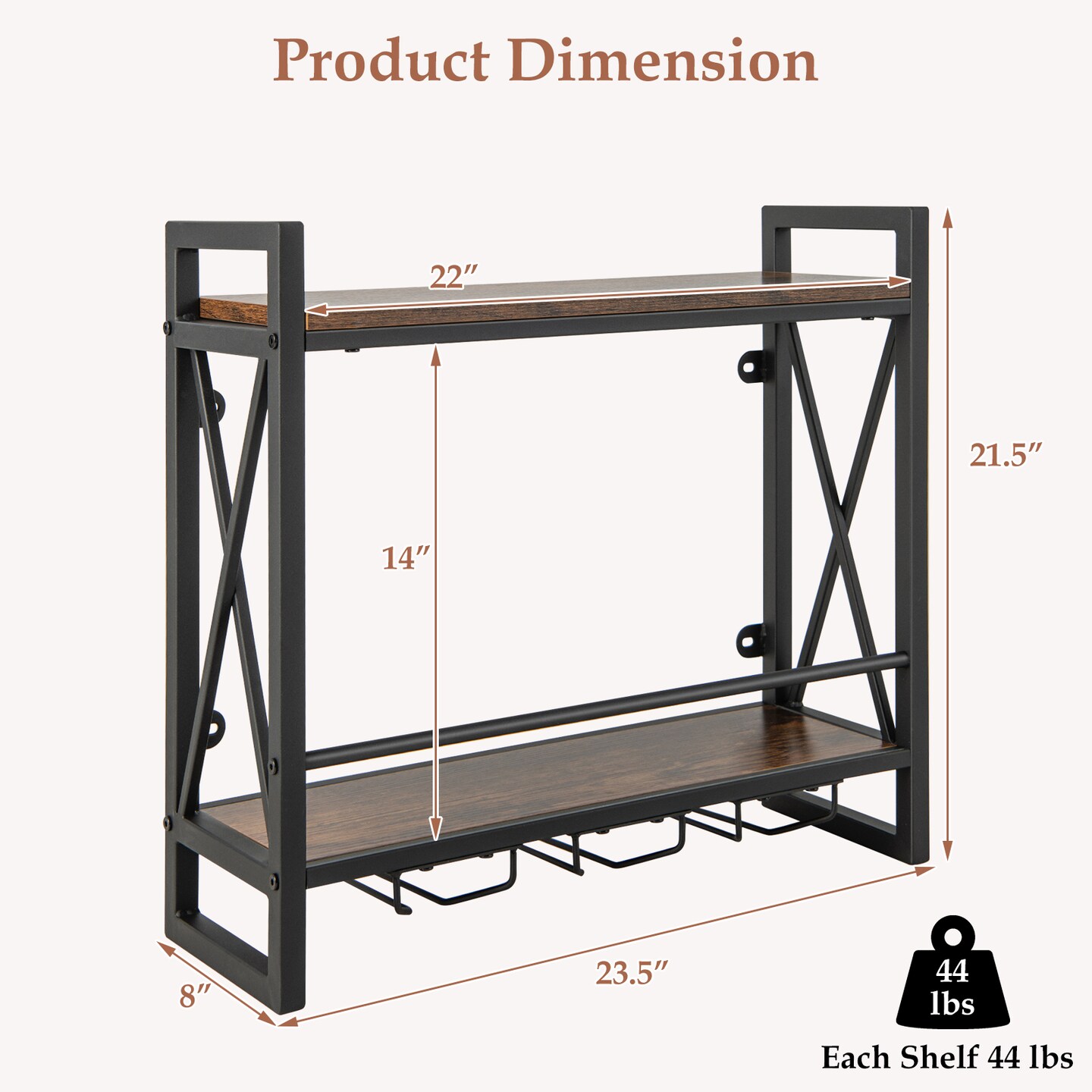 Industrial Wall Mounted Wine Rack With 3 Stem Glass Holders