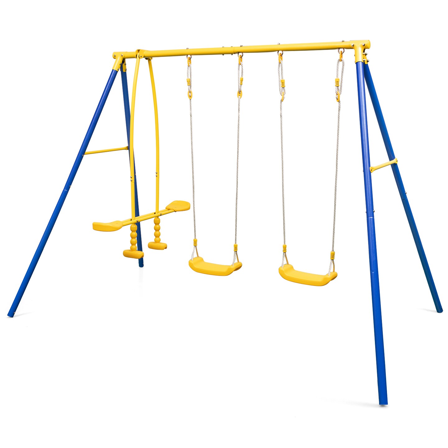 Kids Metal Swing Set with 2 Swings 2 Glider Seats Outdoor Playground Blue Yellow