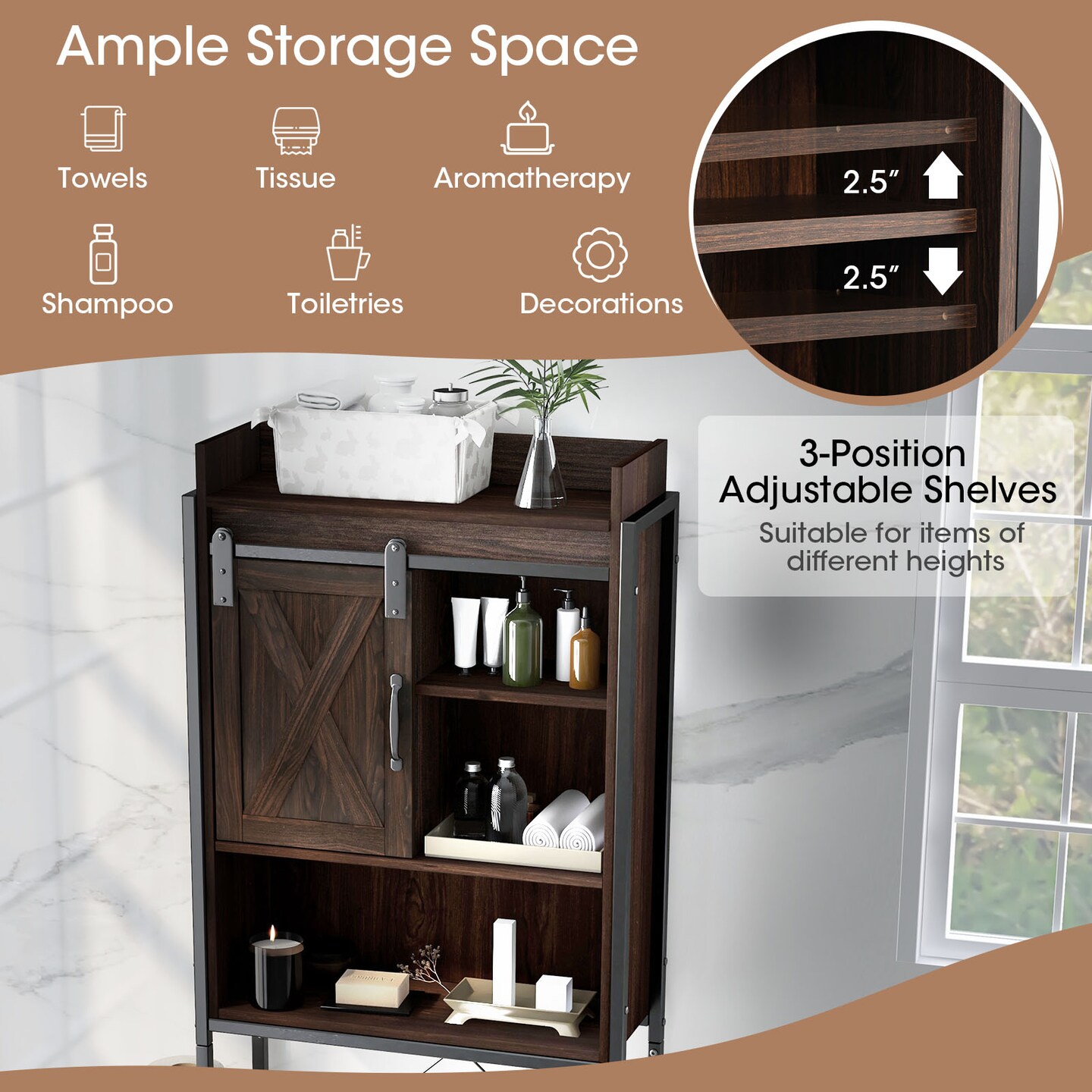 4-tier Multifunctional Toilet Storage Cabinet With Adjustable Shelf And Sliding Barn Door