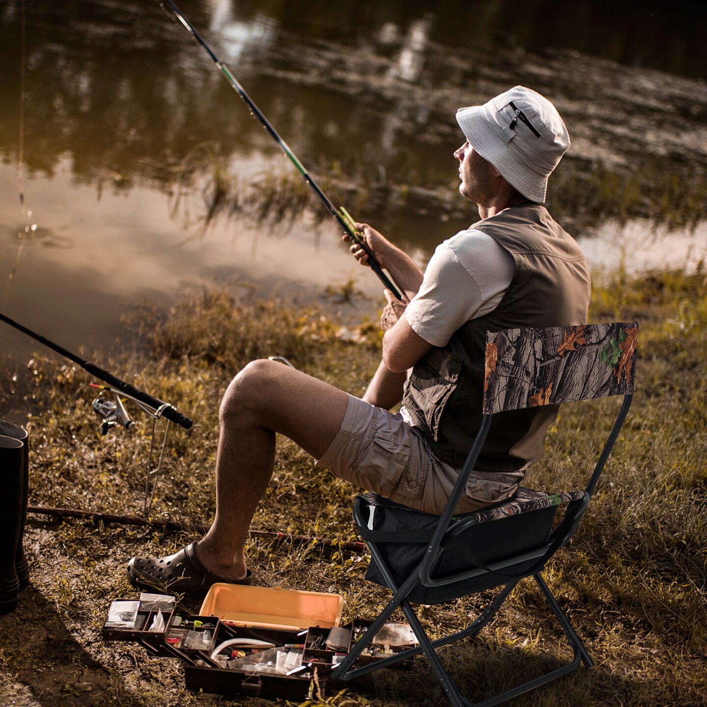 Foldable Patio Chair With Storage Pocket Backrest For Camping Hiking
