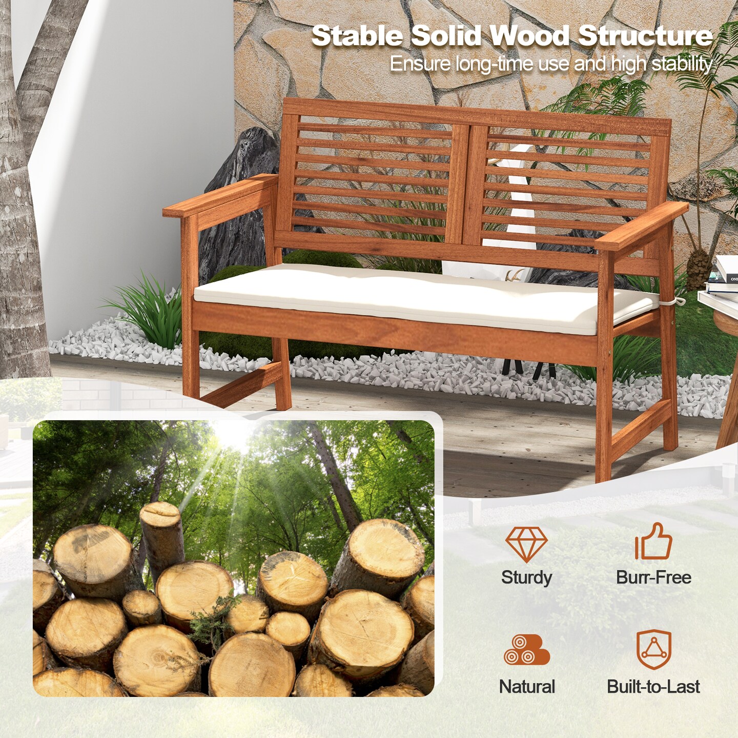 Solid Wood Patio Loveseat with Off White Cushions Outdoor 2-Seat Bench for Porch or Garden
