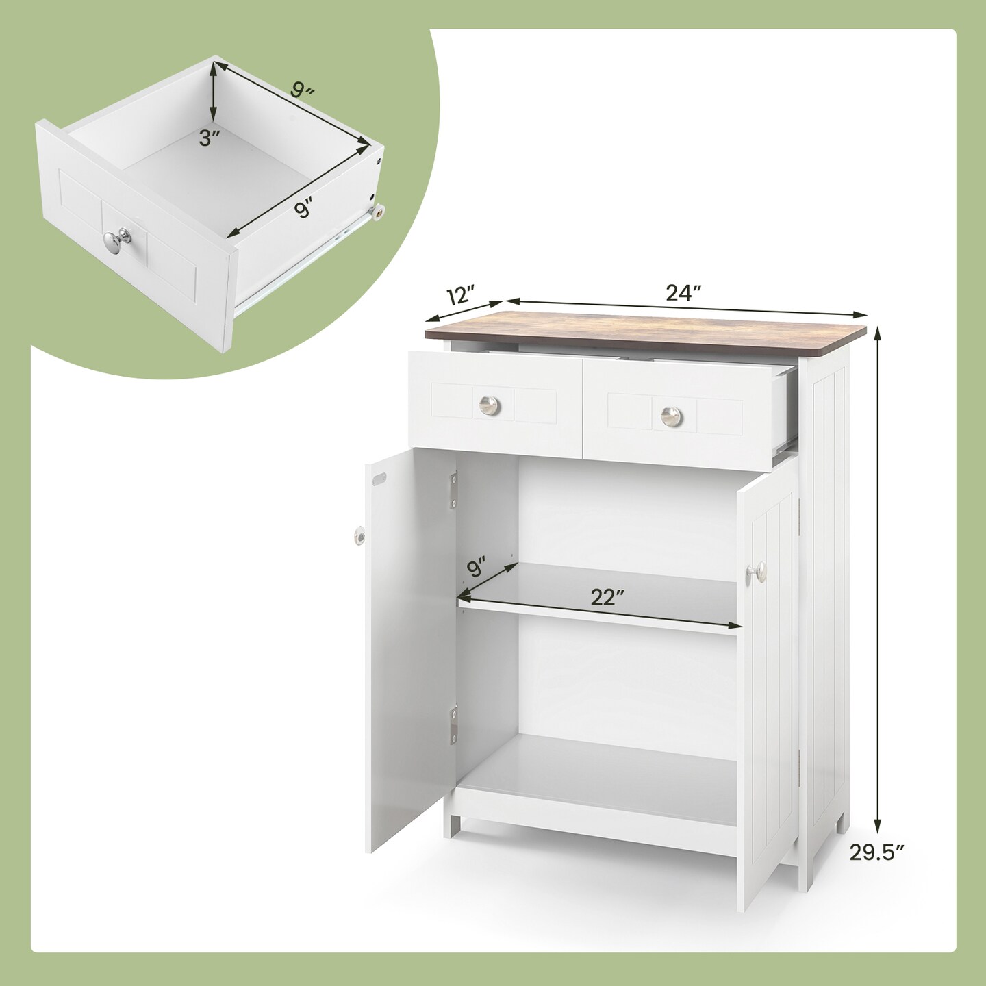 Freestanding Bathroom Floor Cabinet Storage Organizer With 2 Drawers-white