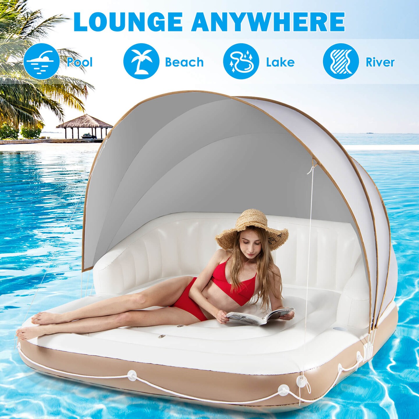 Inflatable Pool Float Lounge Swimming Raft With Large Canopy