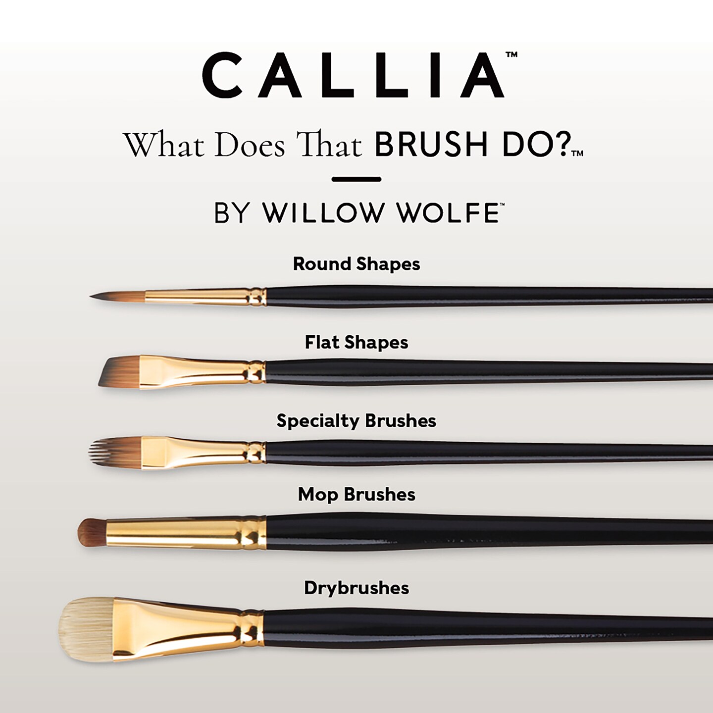 Willow Wolfe Callia Artist Mixed Media Starter Brush Set-Liner, Round, Angle, Flat