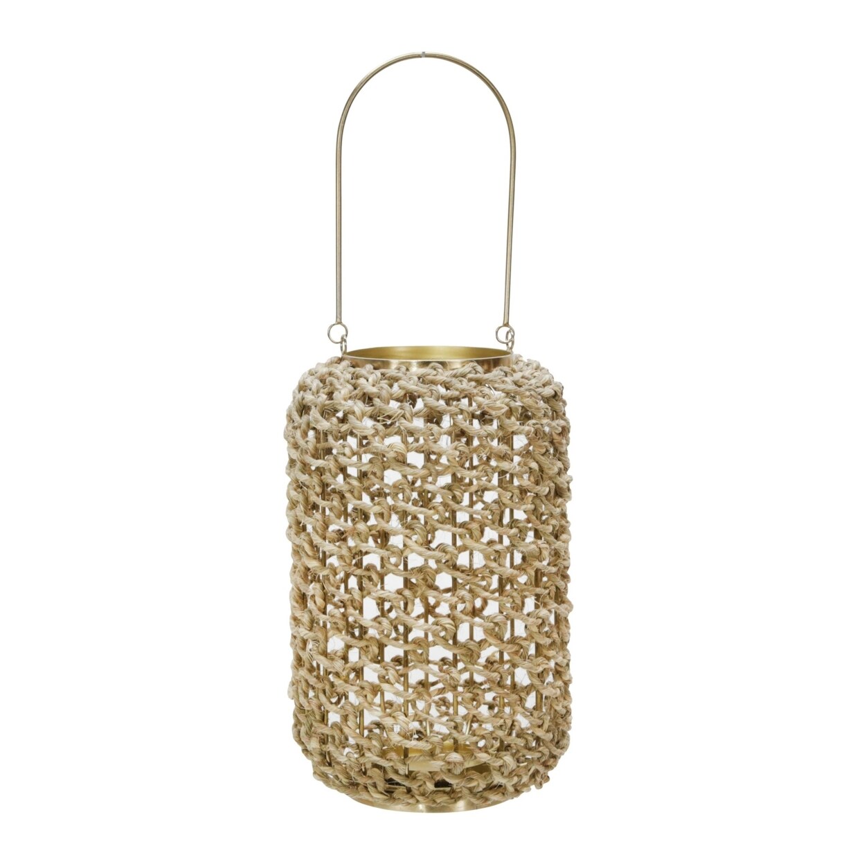 Saltoro Sherpi Cylindrical Rattan Lantern with Metal Frame and Handle,Large,Brown and Gold-