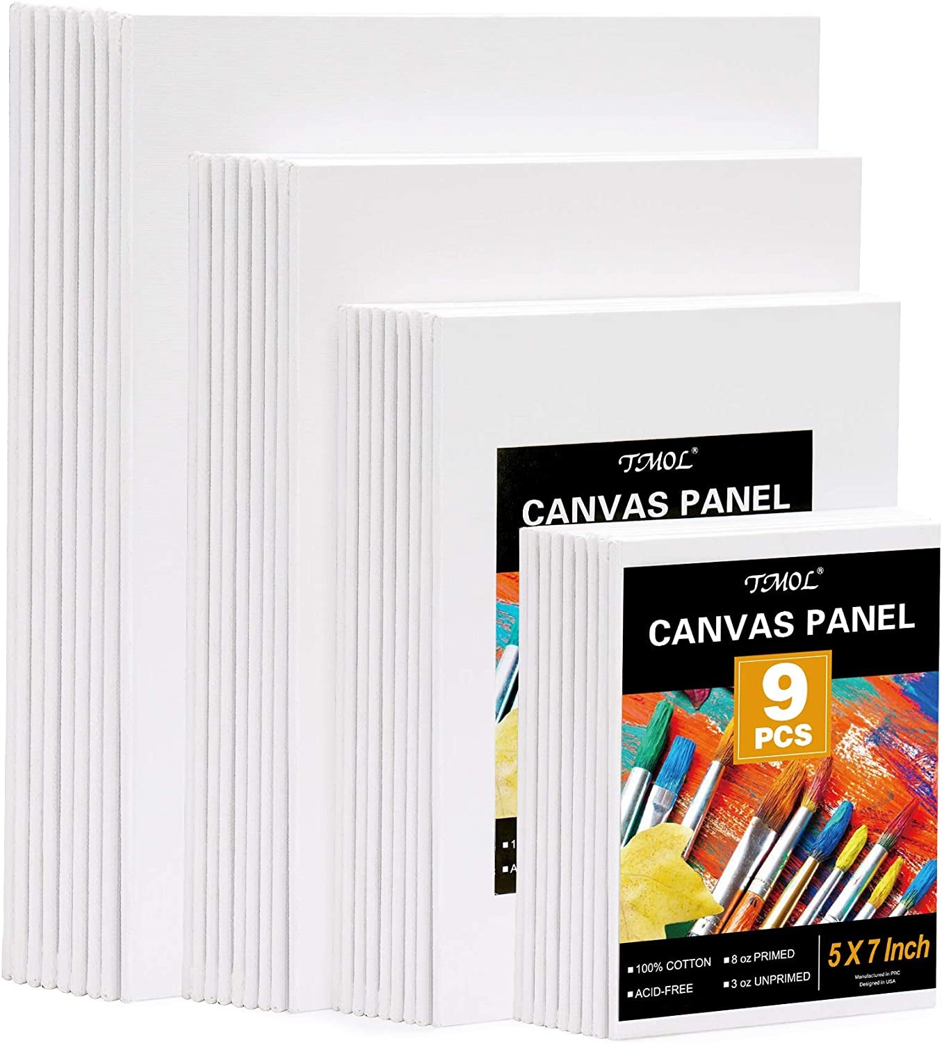 Painting Canvas Panels Multi Pack- 5x7,8x10,9x12,11x14 (9 of Each),Set of  36,100% Cotton Artist Canvas Boards for Painting,Primed White Canvas,for
