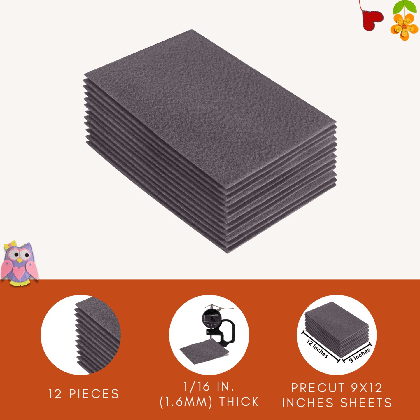 FabricLA Acrylic Felt Sheets for Crafts - Precut 9&#x22; X 12&#x22; Inches (20 cm X 30 cm) Felt Squares - Use Felt Fabric Craft Sheets for DIY, Costume, and Decoration | Platinum Grey - 12 Pieces
