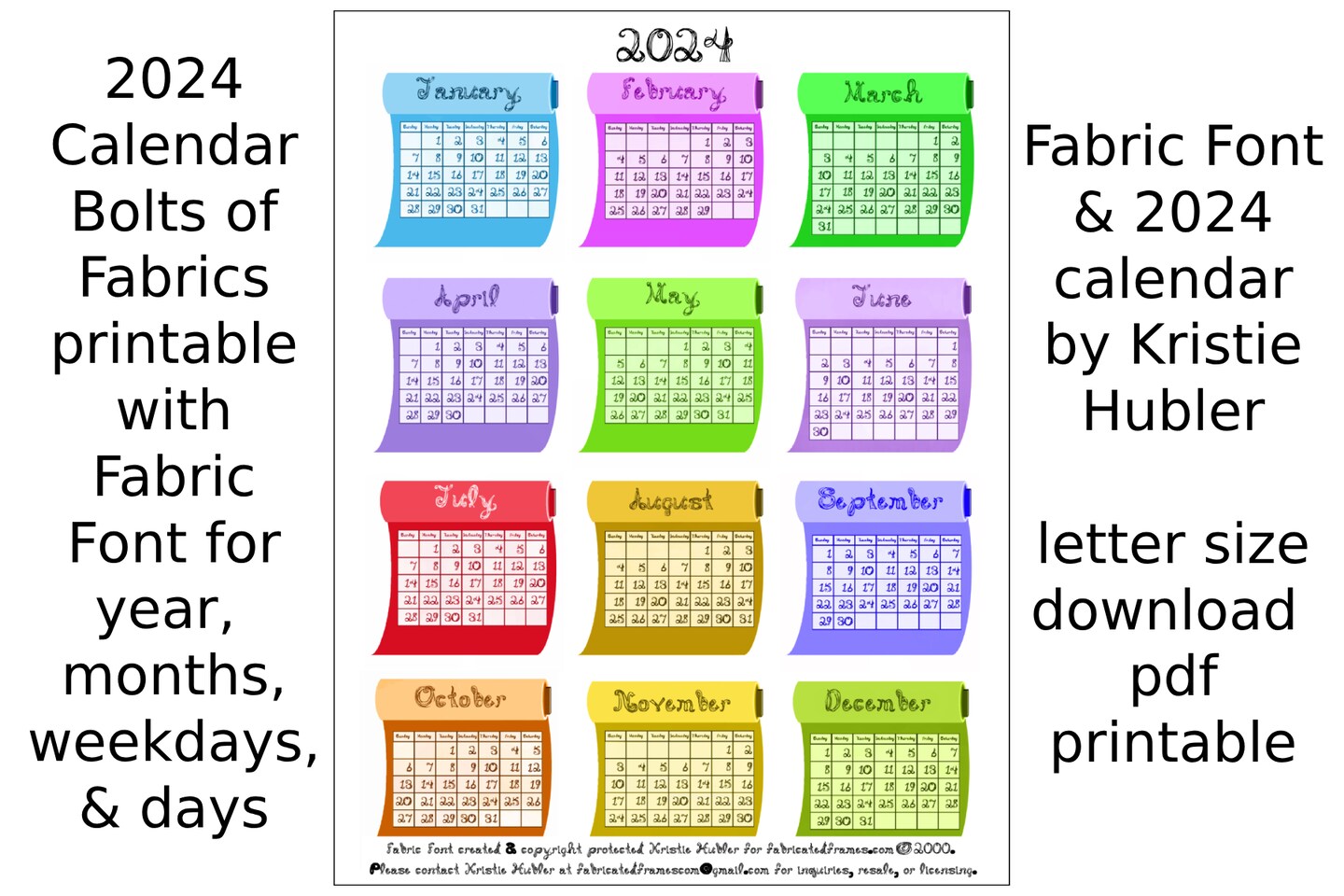 2024 Calendar Bolts of Fabrics Months Fabric Font Letters Numbers