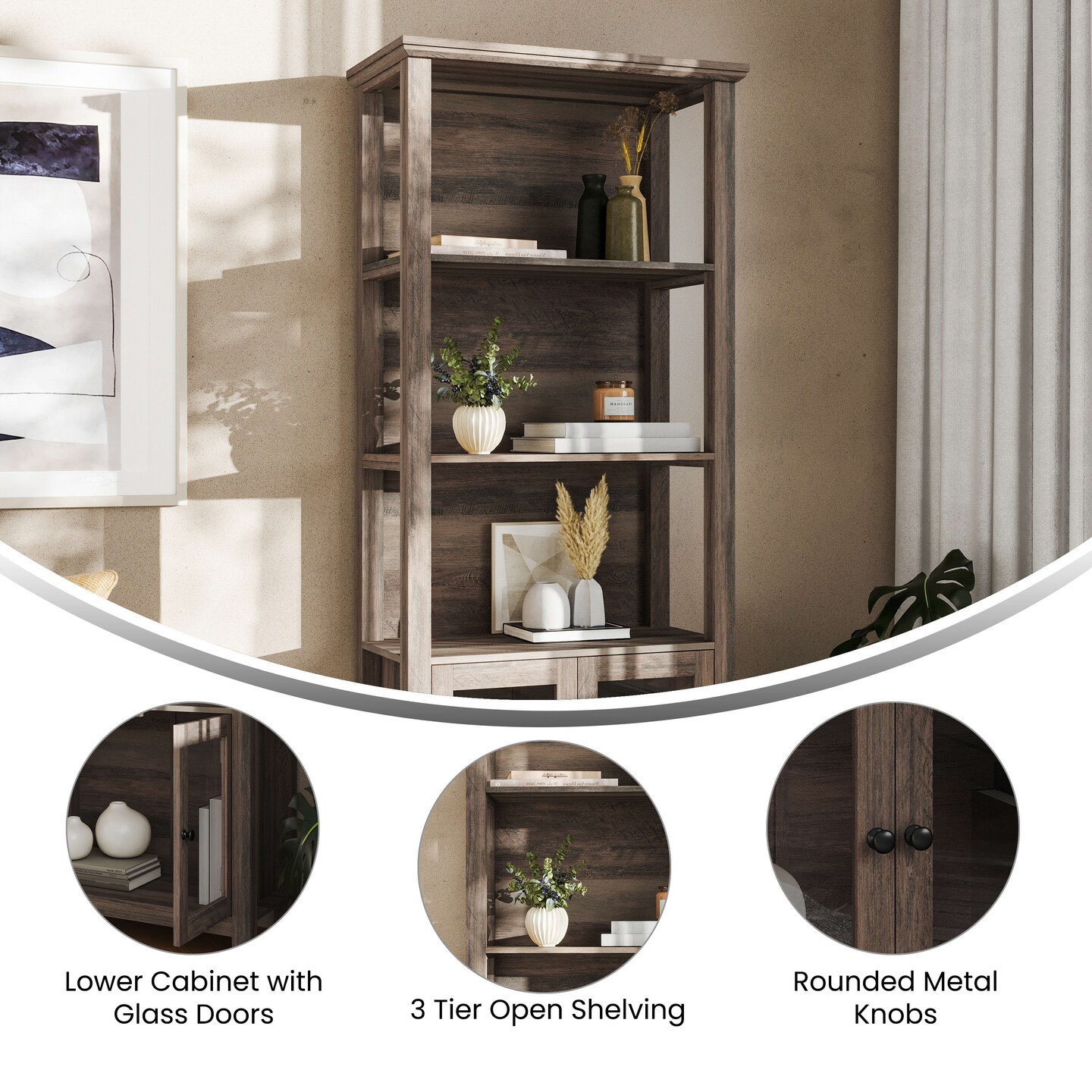 Merrick Lane Omaha Modern Farmhouse Storage Cabinet Bookcase, Glass Doors and Open Shelves