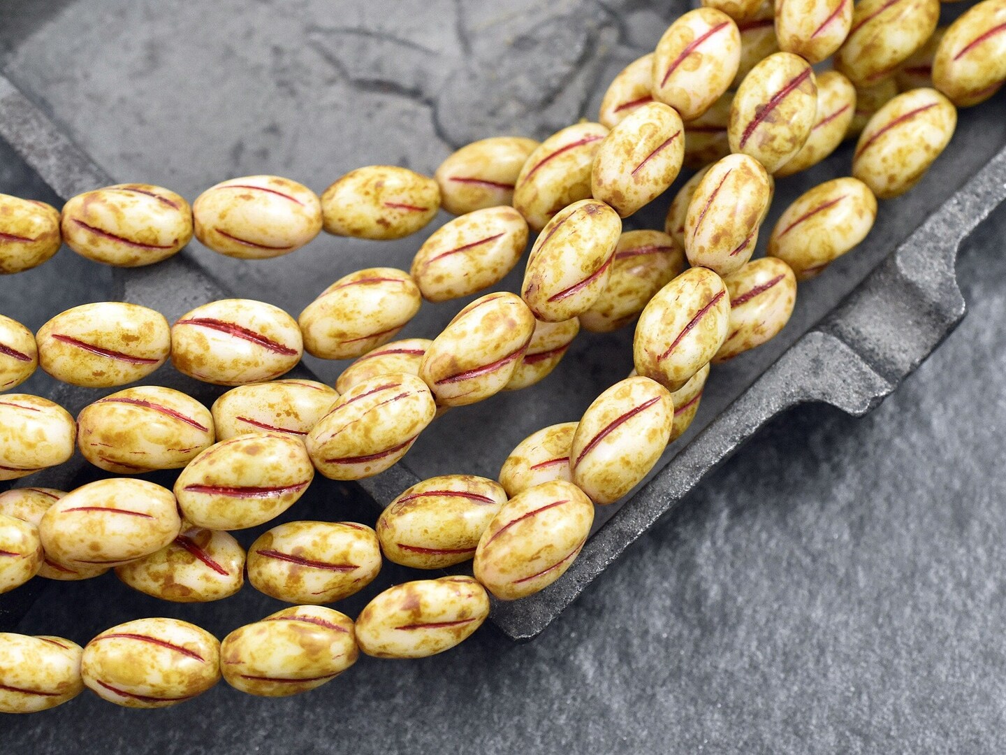 *17* 8x11mm Red Washed Alabaster Picasso Coffee Bean Oval Beads