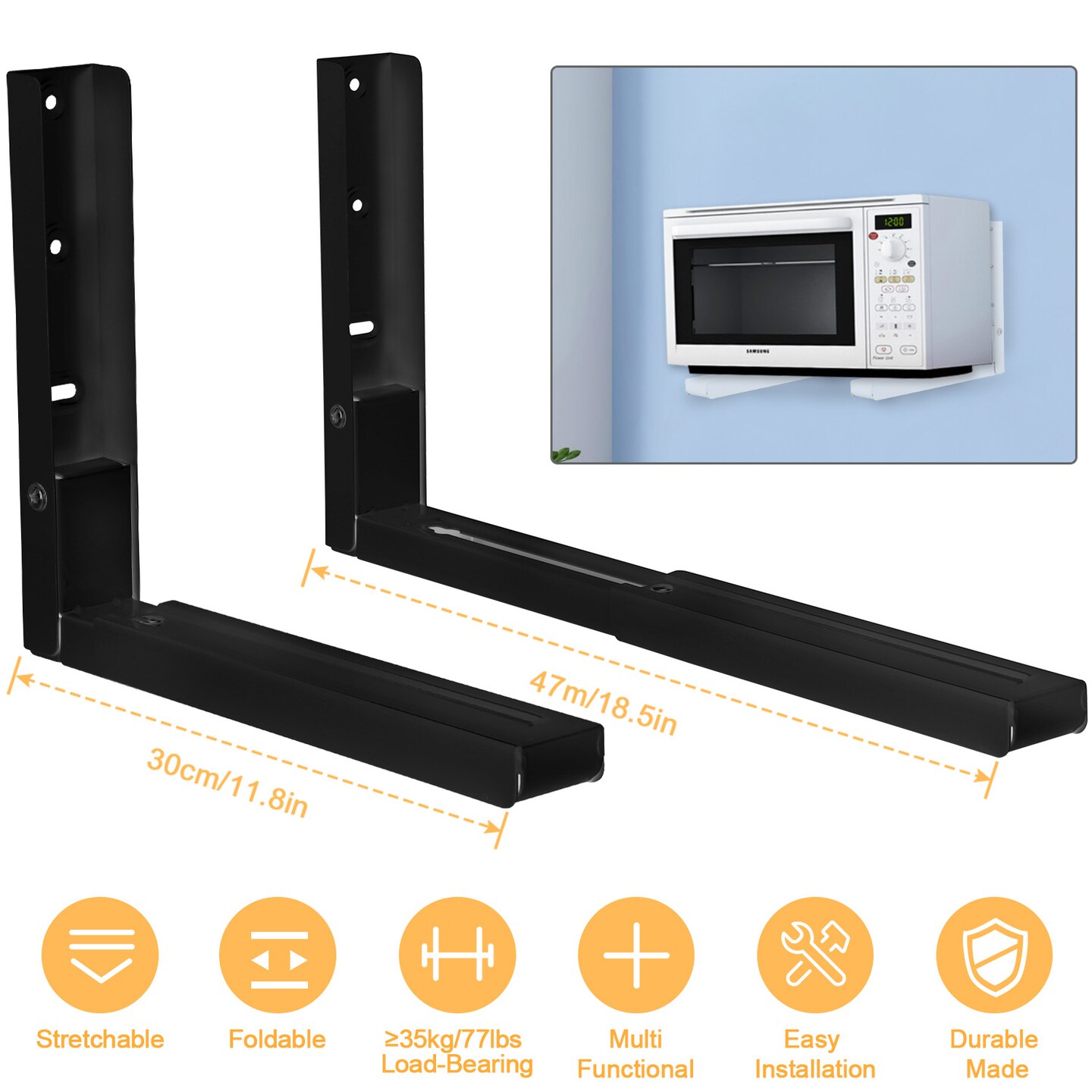 Adjustable Microwave Wall Mount Brackets 2Pcs Heavy Duty Carbon Steel Black
