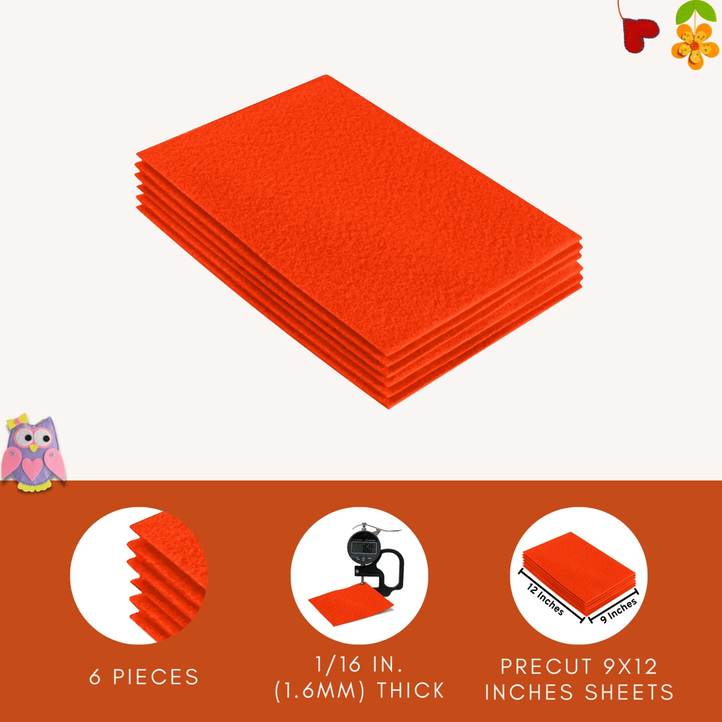 FabricLA Acrylic Felt Sheets for Crafts - Precut 9&#x22; X 12&#x22; Inches (20 cm X 30 cm) Felt Squares - Use Felt Fabric Craft Sheets for DIY, Costume, and Decoration | Neon Orange - 6 Pieces