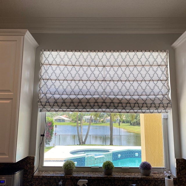 product name is Classic Flat Roman Shade with Grey Geometric Pattern