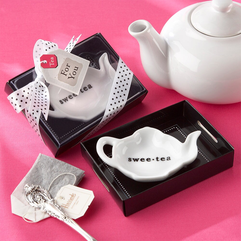 &#x22;Swee-Tea&#x22; Ceramic Tea-Bag Caddy in Black &#x26; White Serving-Tray Gift Box-New