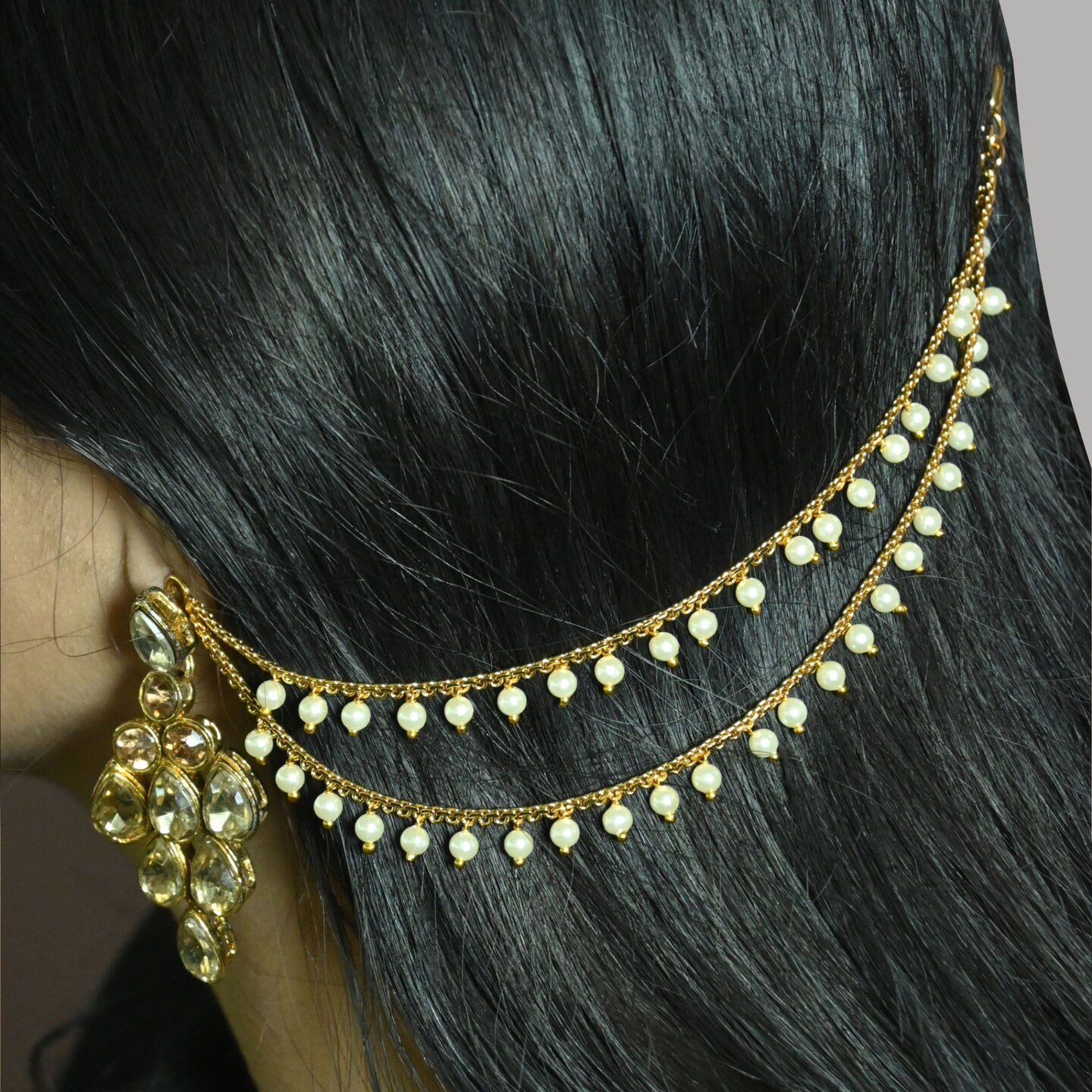 Indian Traditional Ear Chains for Women - Indian Jewellery for Earring Support Double Layered Long Gold Tone Earring Chain Ear to Hair Chain Jewelry Faux Pearl Hair Accessory Bridal Jewelry