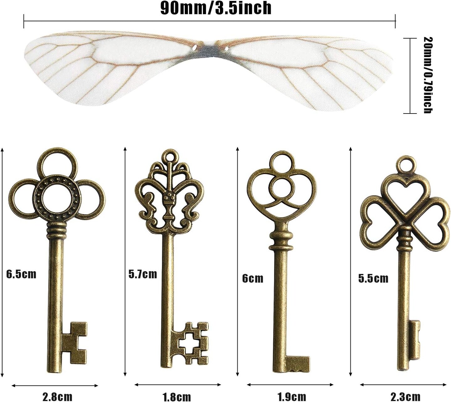 30 PCS Vintage Skeleton Keys Flying Keys Charms with 30 Pairs Dragonfly Wings and 30 Yards Elastic Crystal String for DIY Jewelry Making Wedding Party Favors Room Decor