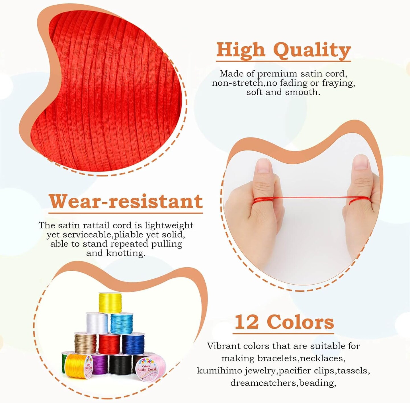 12 Rolls Nylon String for Bracelets, Satin Rattail Silk Cord Silky Beading String for Kumihimo, Braided Bracelets, Pendants Necklace, Macrame Craft, Keychains Lanyards, Jewelry Making