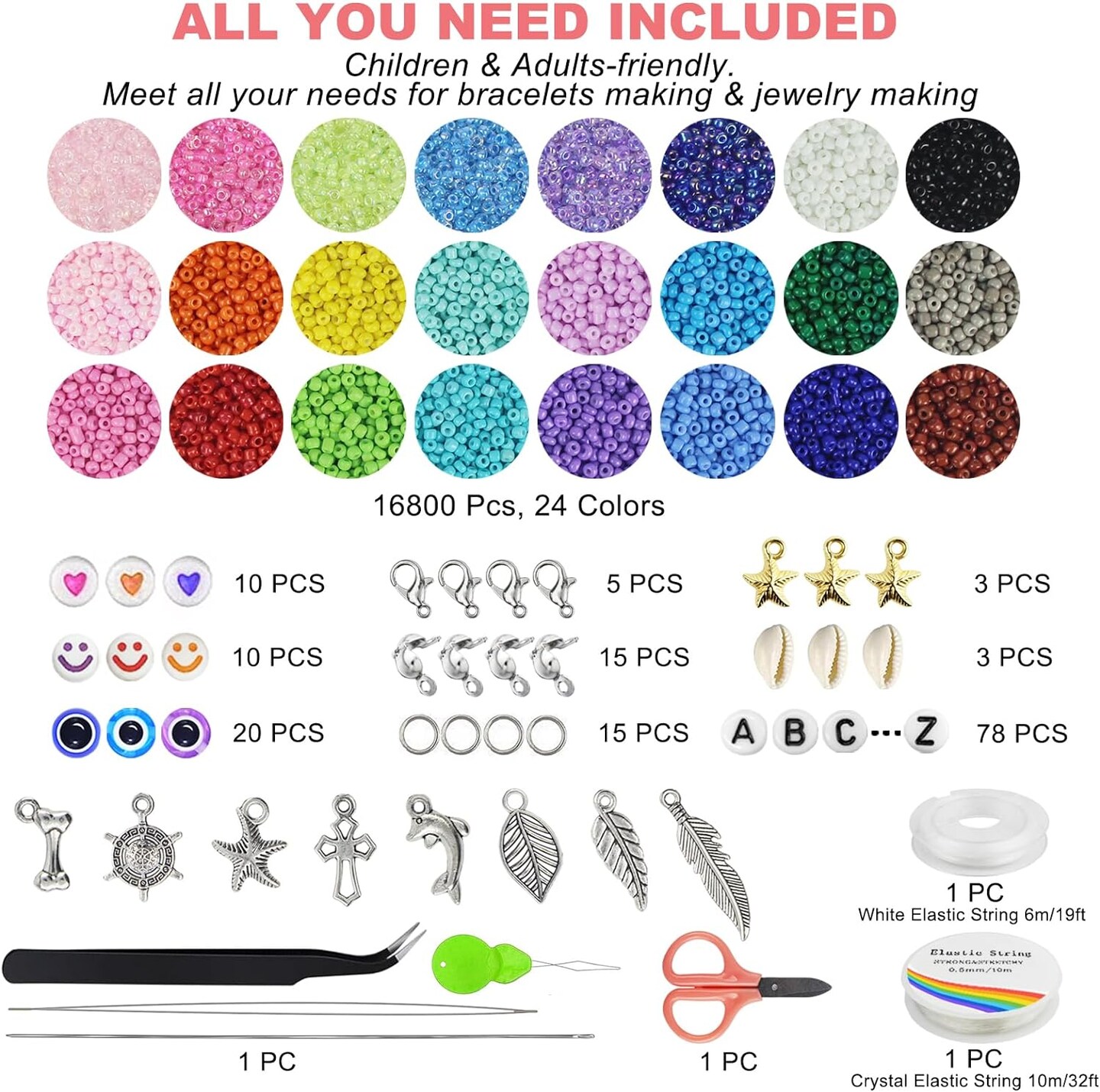 17000pcs 2mm Glass Seed Beads for Jewelry Making Kit, Small Beads Friendship Bracelets Making Kits, Tiny Waist Beads Kit with Letter Beads, DIY Art Craft Girls Gifts