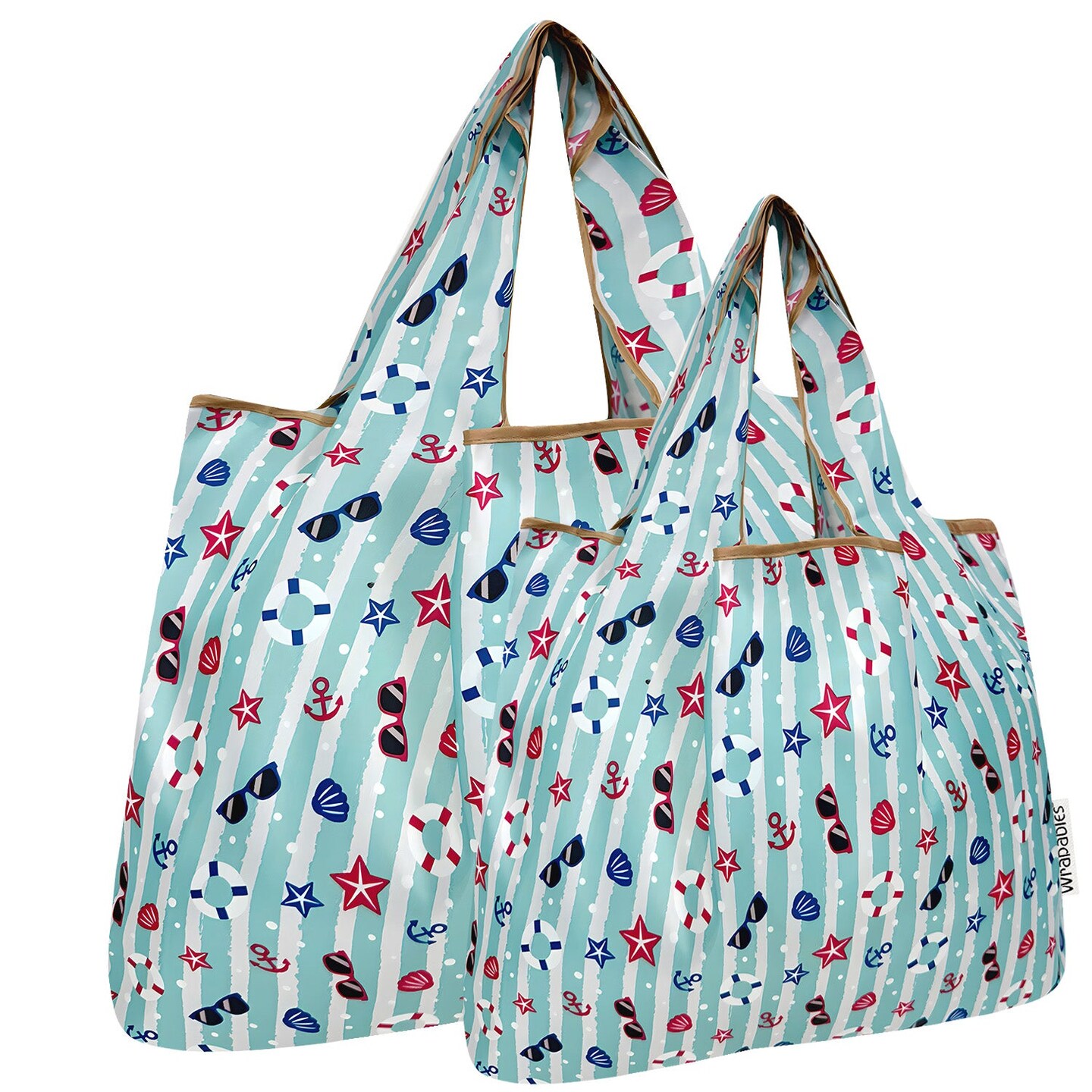 Wrapables Large &#x26; Small Foldable Tote Nylon Reusable Grocery Bags, Set of 2, Ocean Fun