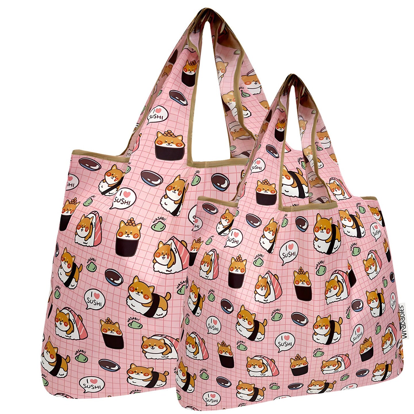 Wrapables Large &#x26; Small Foldable Tote Nylon Reusable Grocery Bags, Set of 2, Doggy Sushi