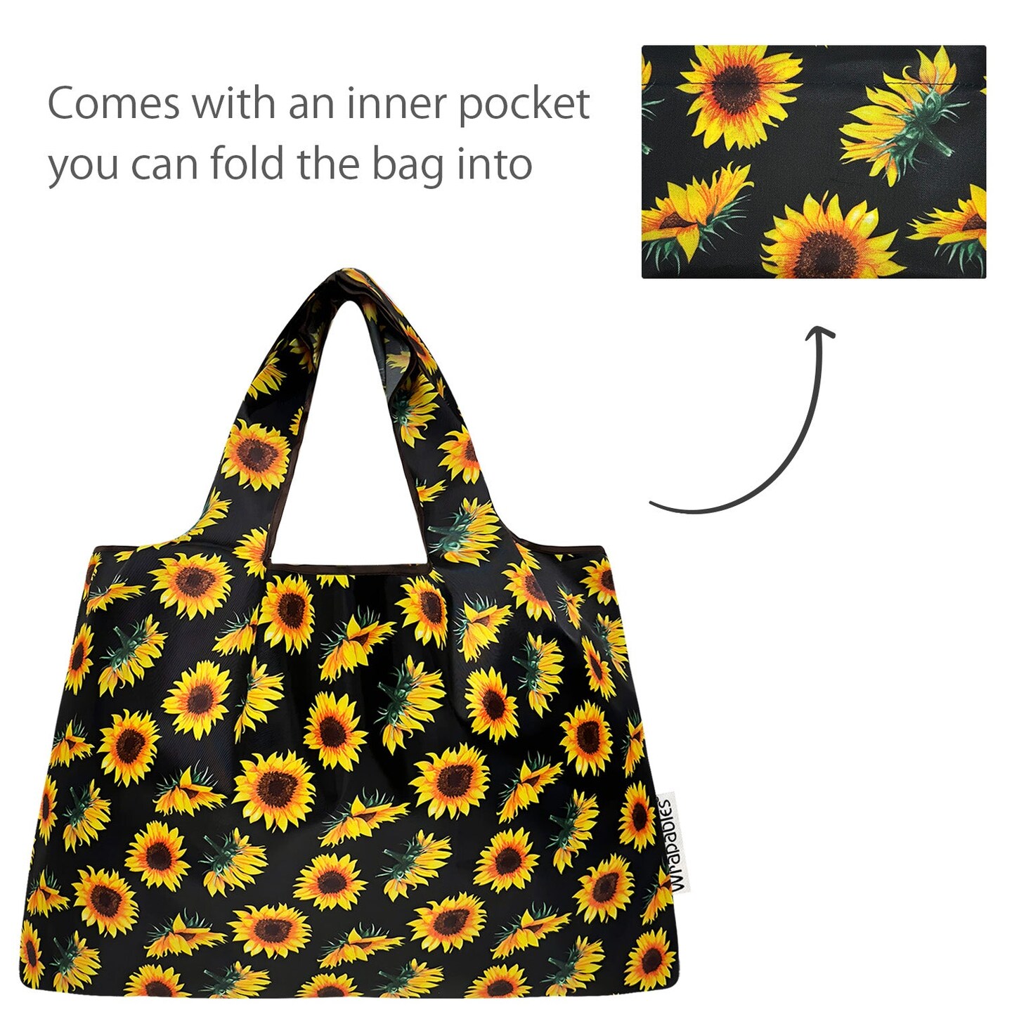 Wrapables Large Foldable Tote Nylon Reusable Grocery Bags, Sunflowers