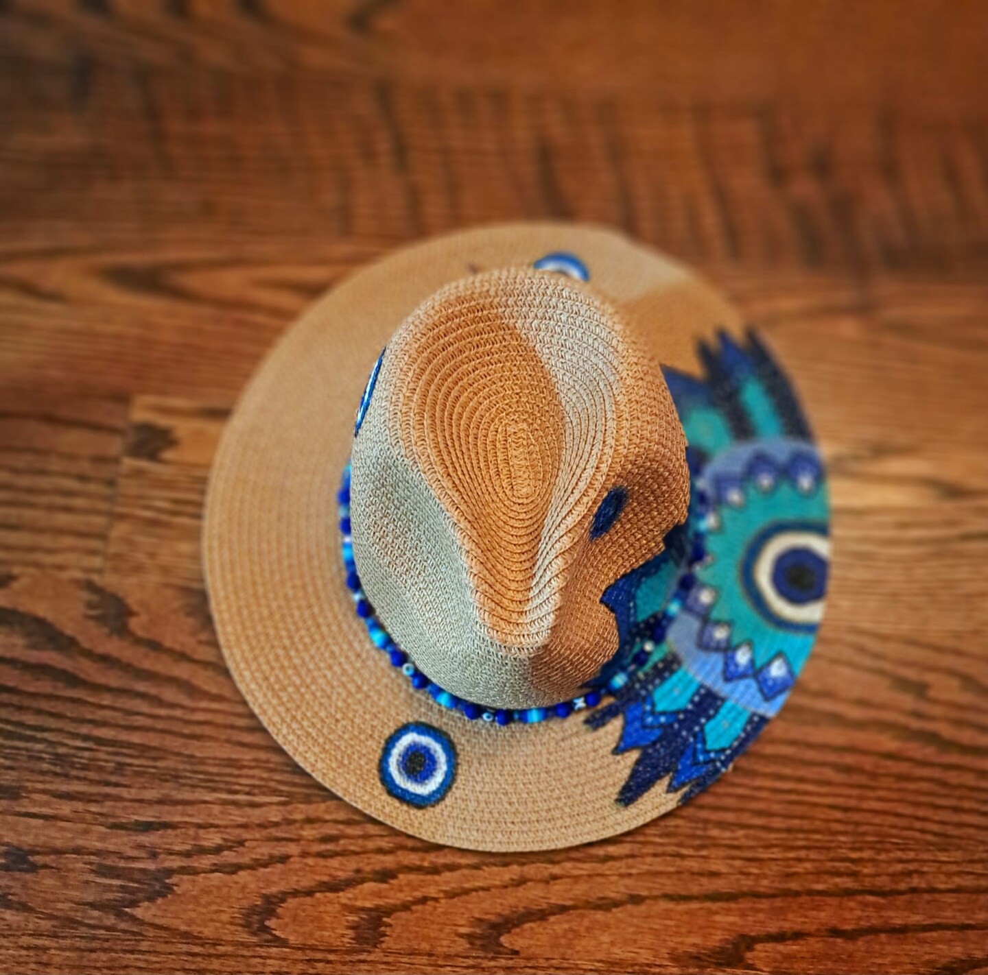 Boho Blue Mandala Straw Hat – Handcrafted with Turkish Eye 