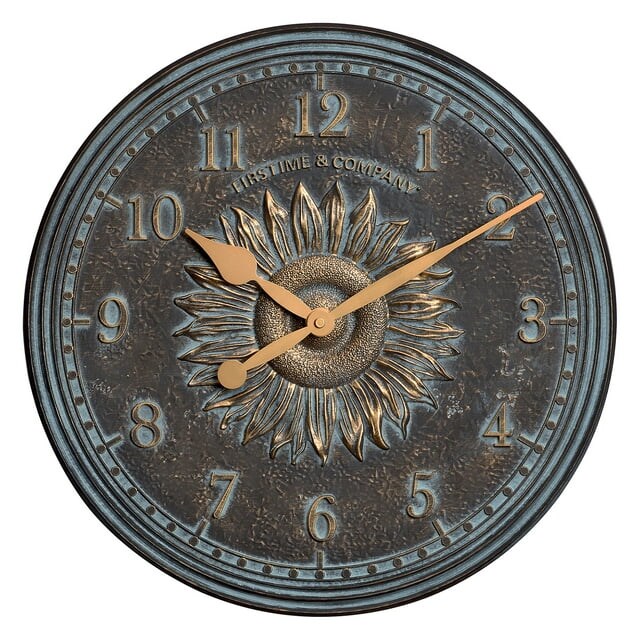 FirsTime &#x26; Co. Verdigris Calisto Sunflower Outdoor Wall Clock And Thermometer 2-Piece Set, Rustic, Analog, 16 x 1.12 x 16 in