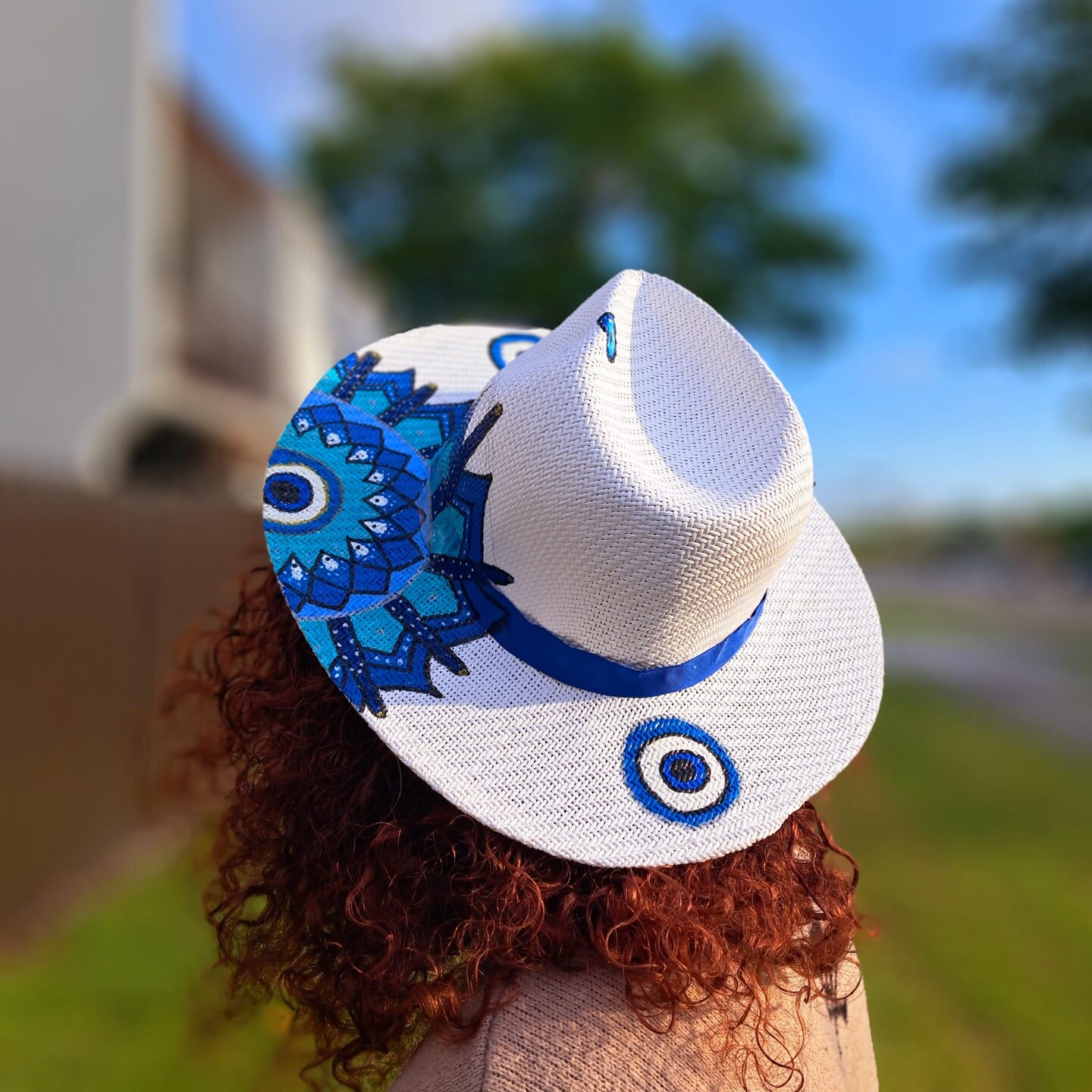 Mandala Hat Turkish Boho Blue Mandala Straw Hat – Handcrafted with Turkish Eye  main image 4