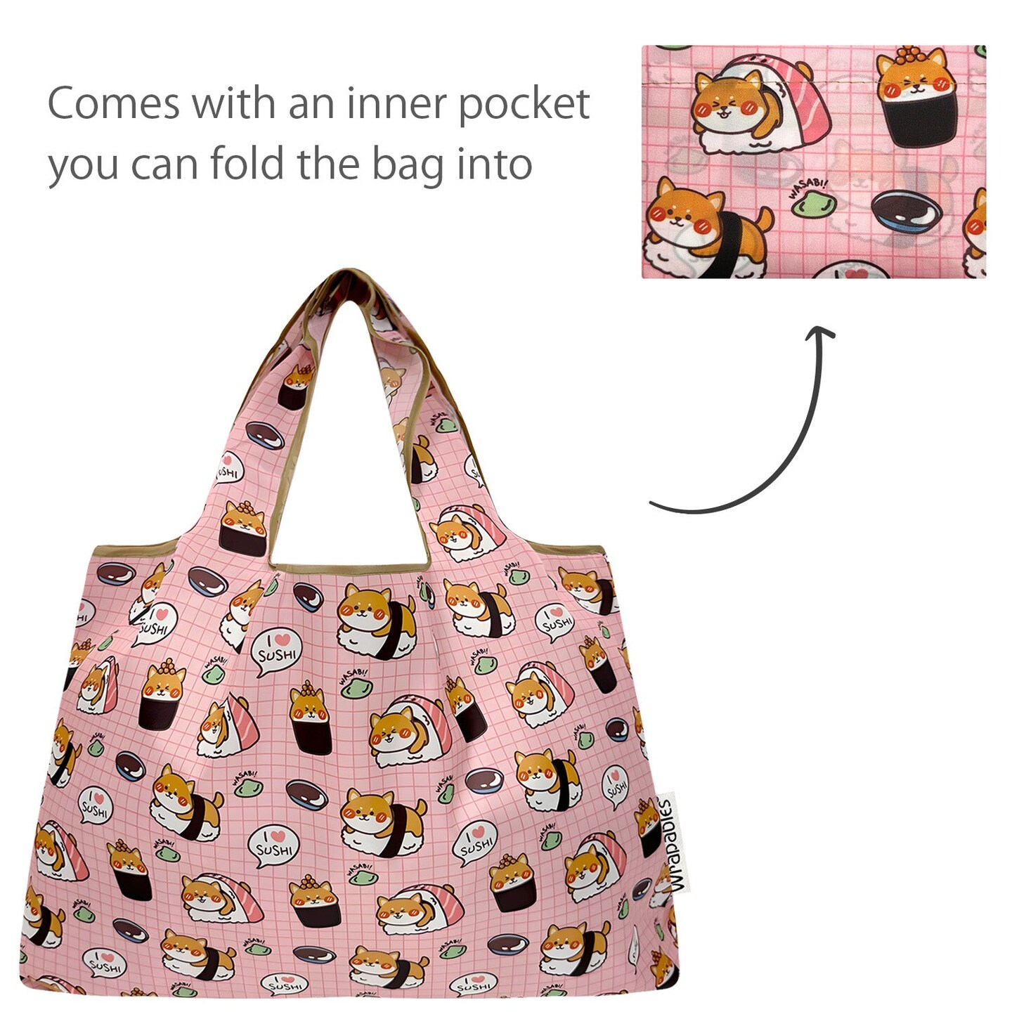 Wrapables Large &#x26; Small Foldable Tote Nylon Reusable Grocery Bags, Set of 2, Doggy Sushi