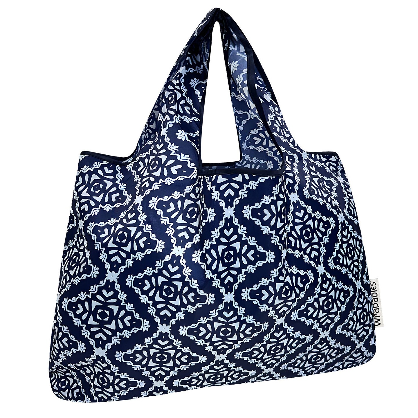 Wrapables Large Foldable Tote Nylon Reusable Grocery Bags, Navy Deco
