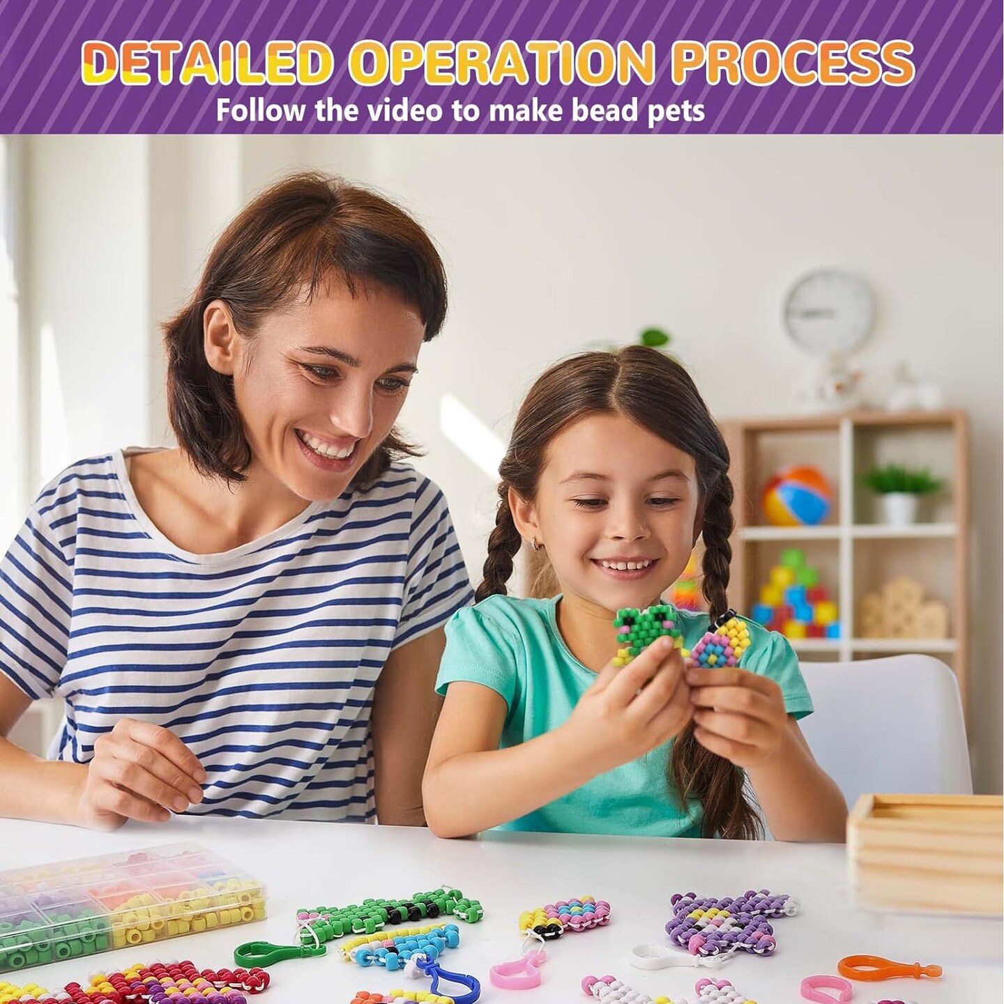Bead Pets Kit, Bead Pets Crafts for Kids with Video Tutorials, Bead Pet Keychain Includes Beads, Instruction, Cording, Keychains, Needles, Storage Box, Beads Art Crafts for Beginners