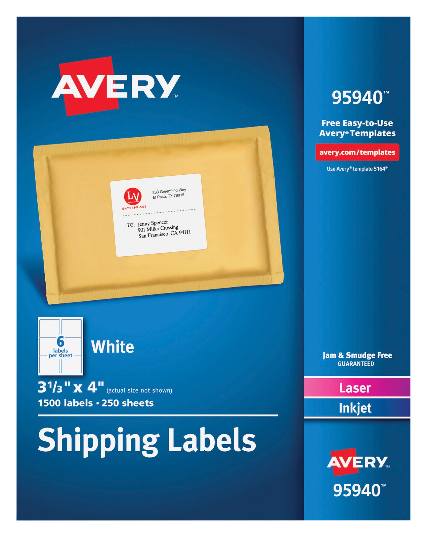 Avery Bulk Shipping Labels, 3-1/3 x 4 Inches, White, Pack of 1500