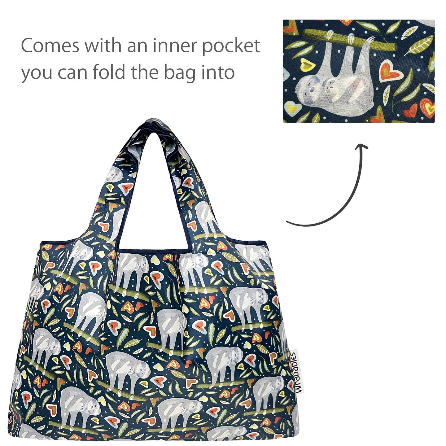 Wrapables Large Foldable Tote Nylon Reusable Grocery Bags, Love Sloths