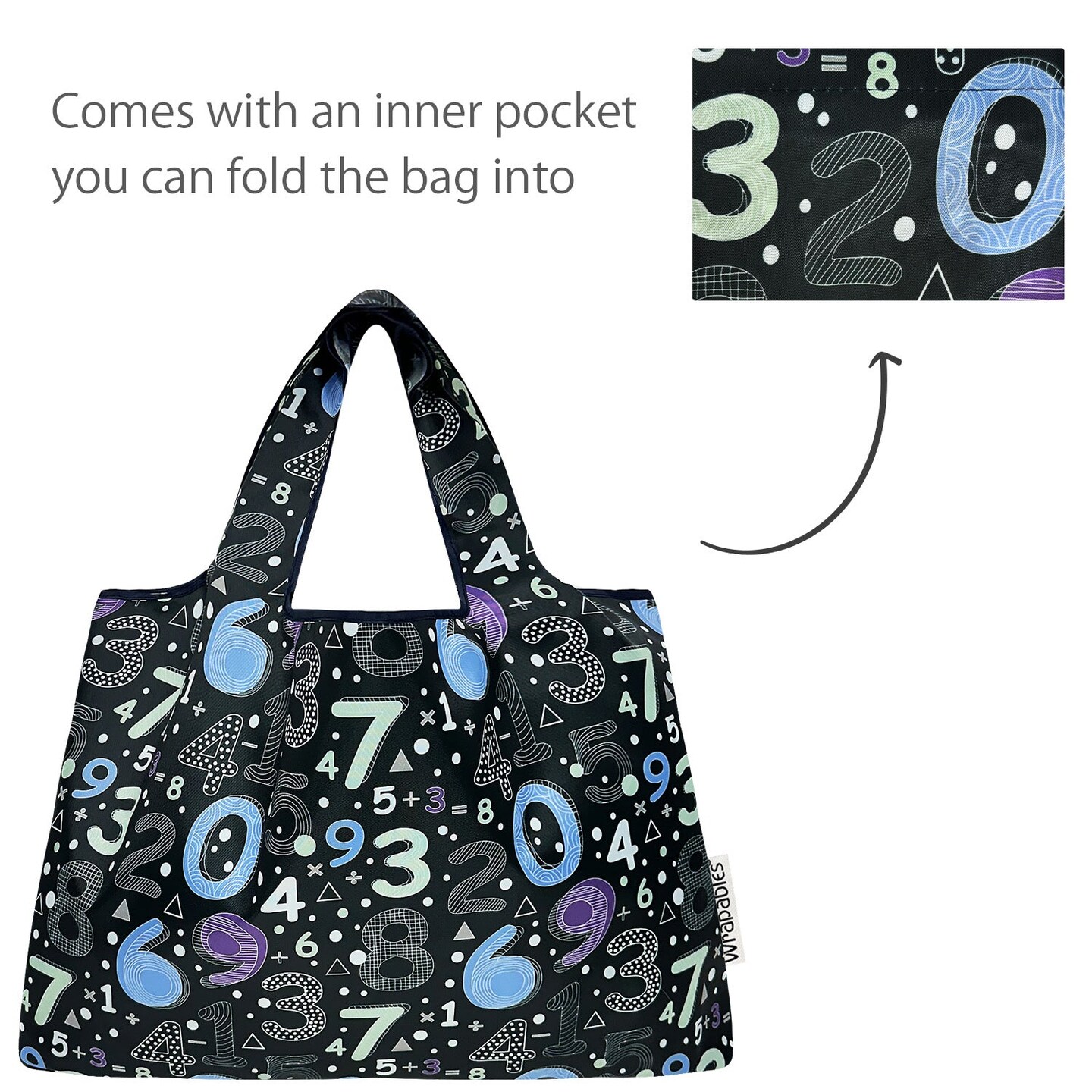 Wrapables Large & Small Foldable Tote Nylon Reusable Grocery Bags, Set of 2, Numbers