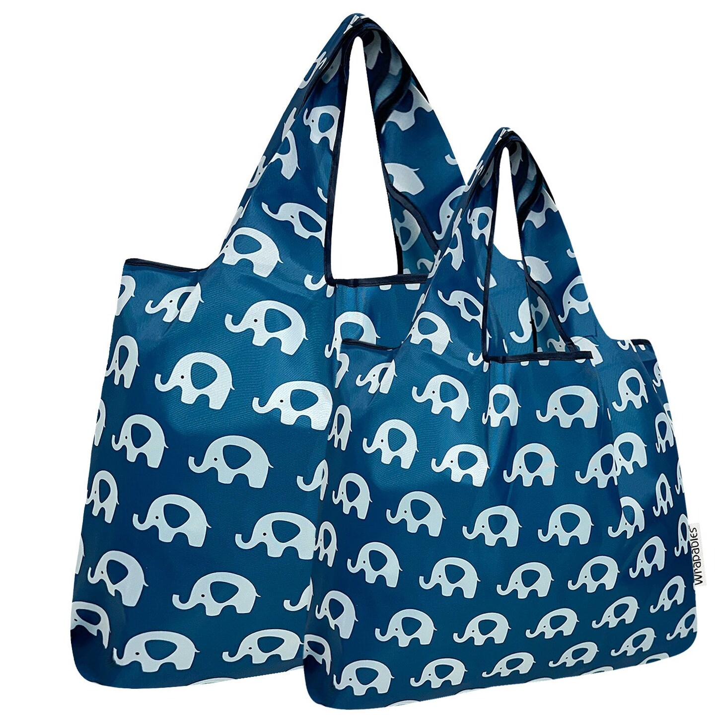 Wrapables Large & Small Foldable Tote Nylon Reusable Grocery Bags, Set of 2, Happy Elephants