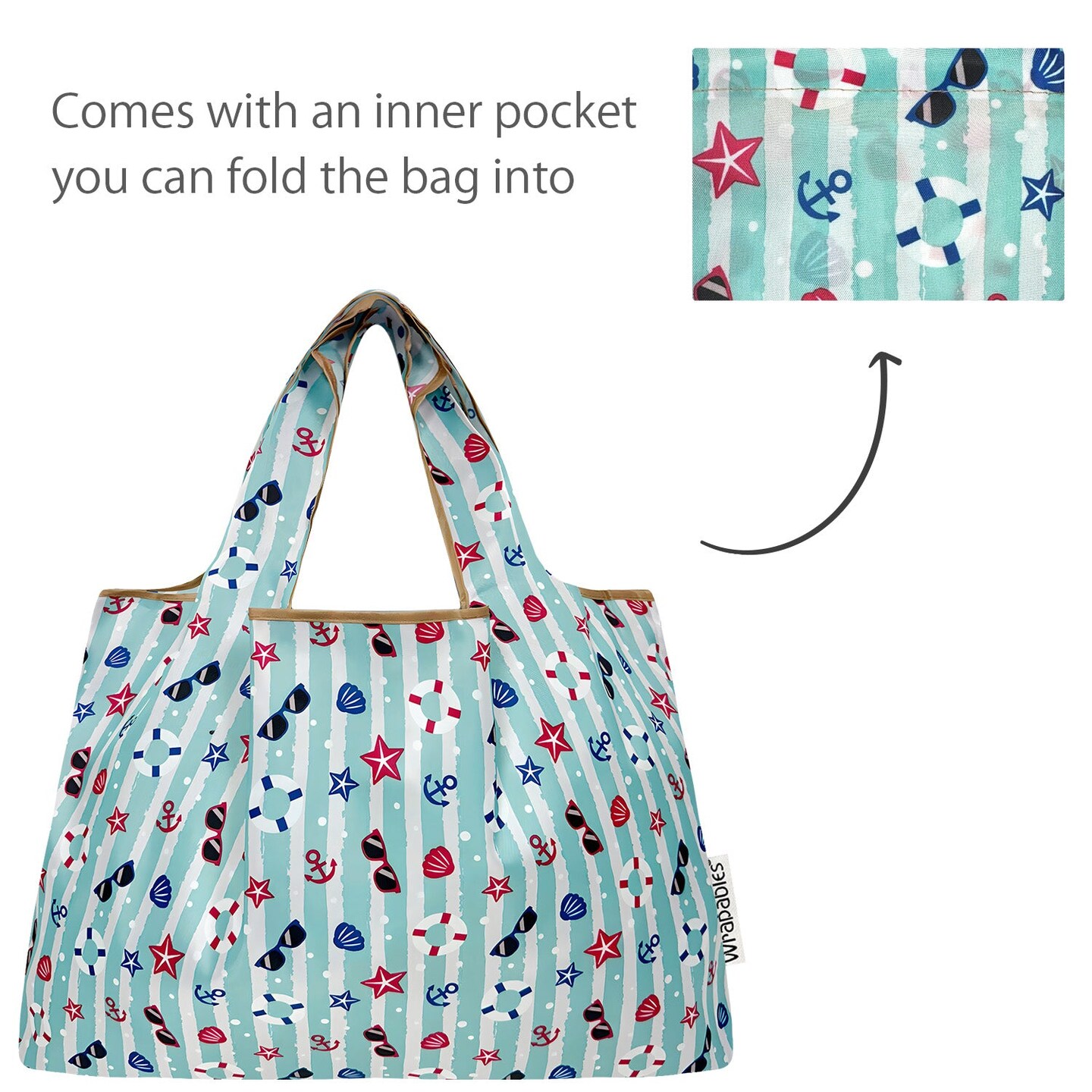 Wrapables Large Foldable Tote Nylon Reusable Grocery Bags, Ocean Fun