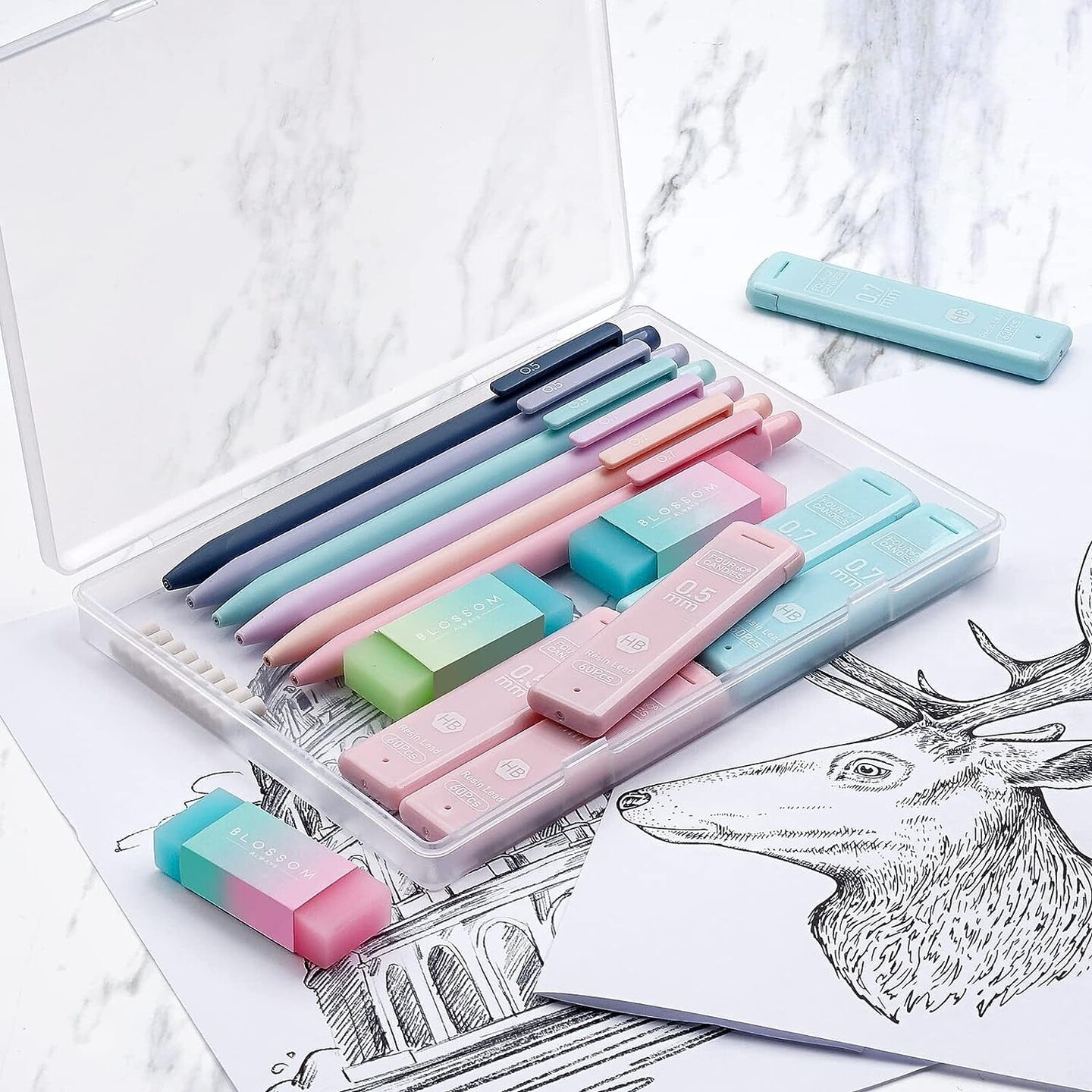 Cute Mechanical Pencil Set, 6PCS Pastel Mechanical Pencils 0.5 &#x26; 0.7Mm with 360PCS HB Pencil Leads, 3PCS Erasers and 9PCS Eraser Refills, Aesthetic Mechanical Pencils for Girls Writing