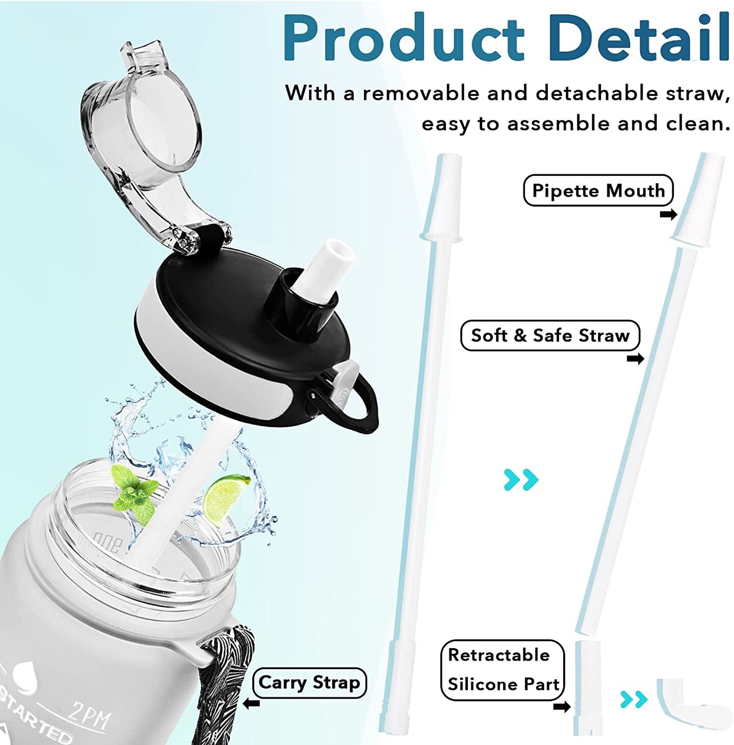 32 Oz Water Bottle, Leakproof BPA &#x26; Toxic Free, Motivational Water Bottle with Times to Drink and Straw, Fitness Sports Water Bottle with Strap for Office, Gym, Outdoor Sports, Gray-Black