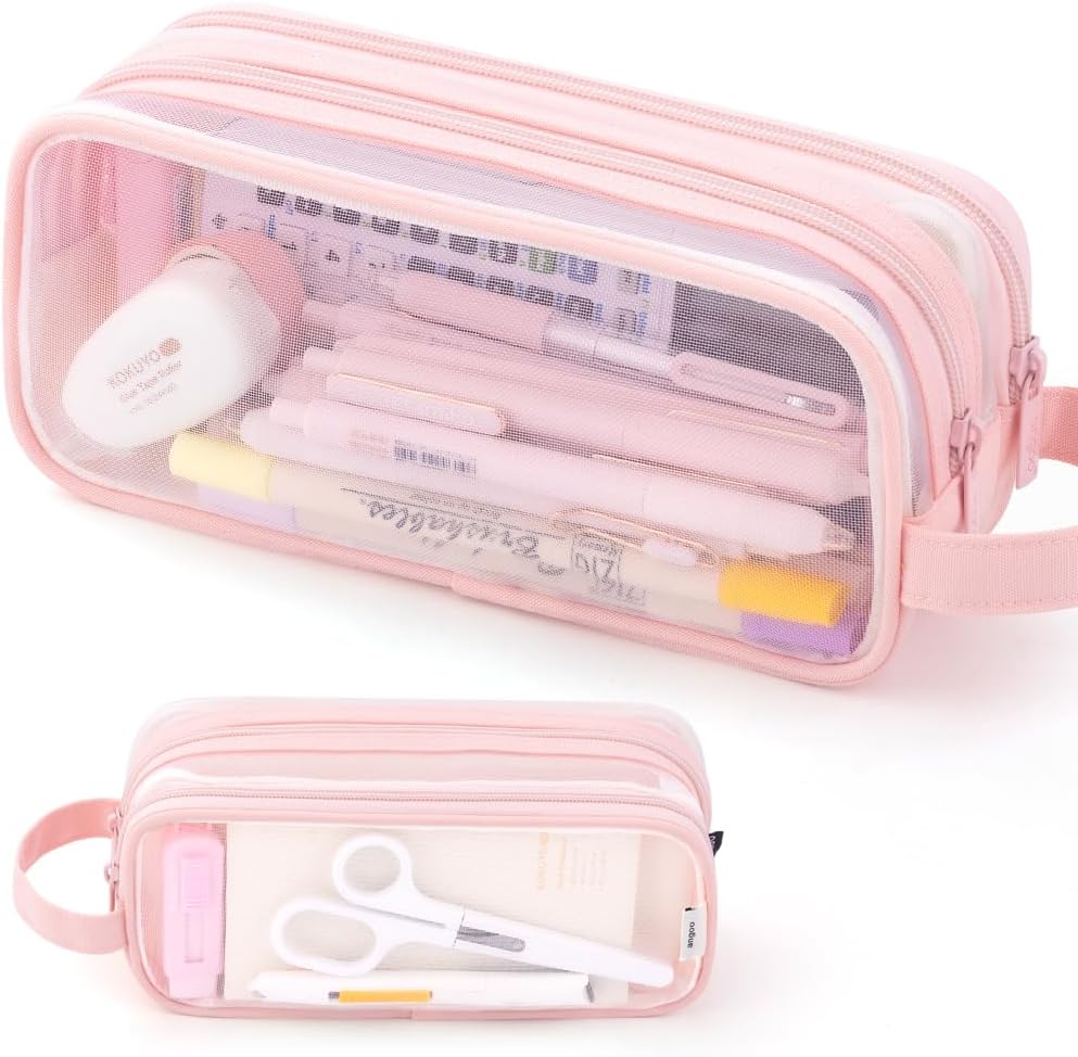 Large Grid Mesh Pencil Case 2 Compartment Pen Bag Clear Handheld Multifunction Pencil Pouch Transparent Makeup Bag for Teen Student College Business Travel Office Adult - Pink