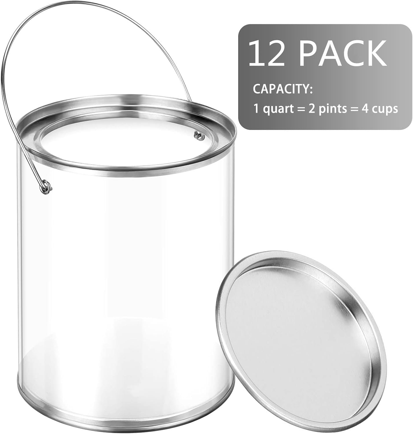 12 Pack Clear Paint Cans Paint Bucket with Metal Lids and Handle Decorative Clear Plastic Bucket Storage Paint Can Plastic Paint Can Containers (5 Inch Tall)