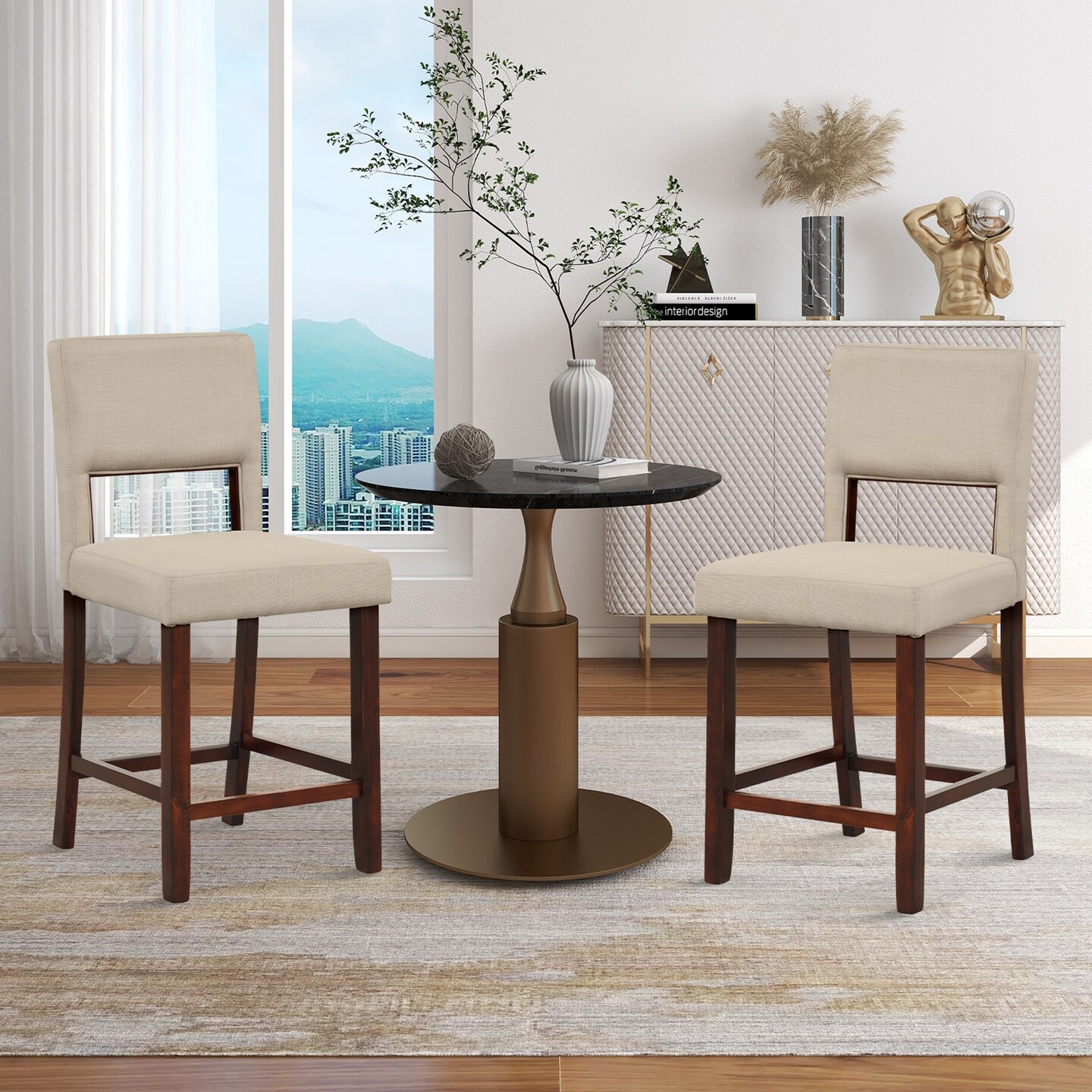 Costway Set of 2 Upholstered Linen Bar Stools 24.5&#x27;&#x27; Wooden Dining Chairs with Back Beige/Brown